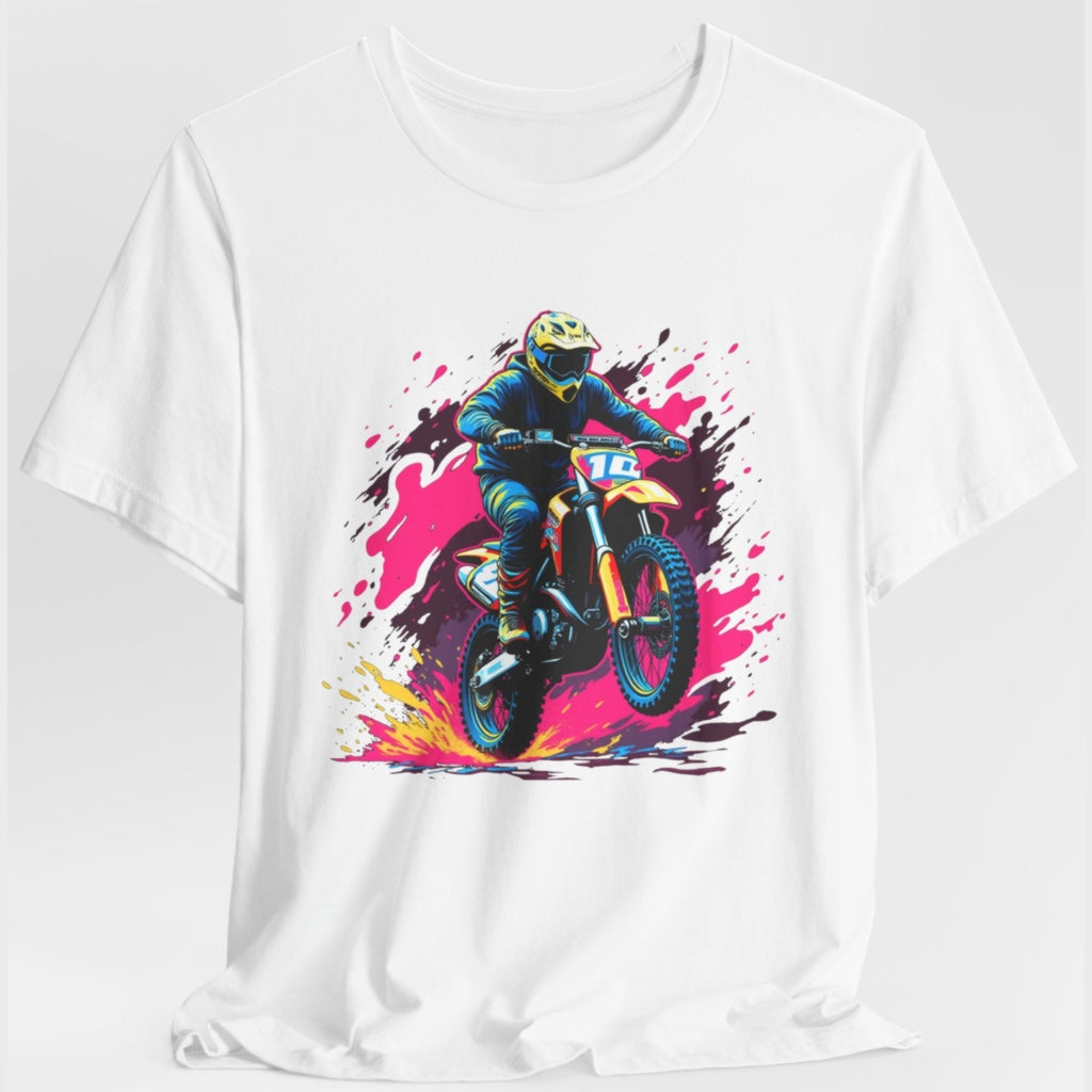 Motocross rider in a cosmic neon dirt background