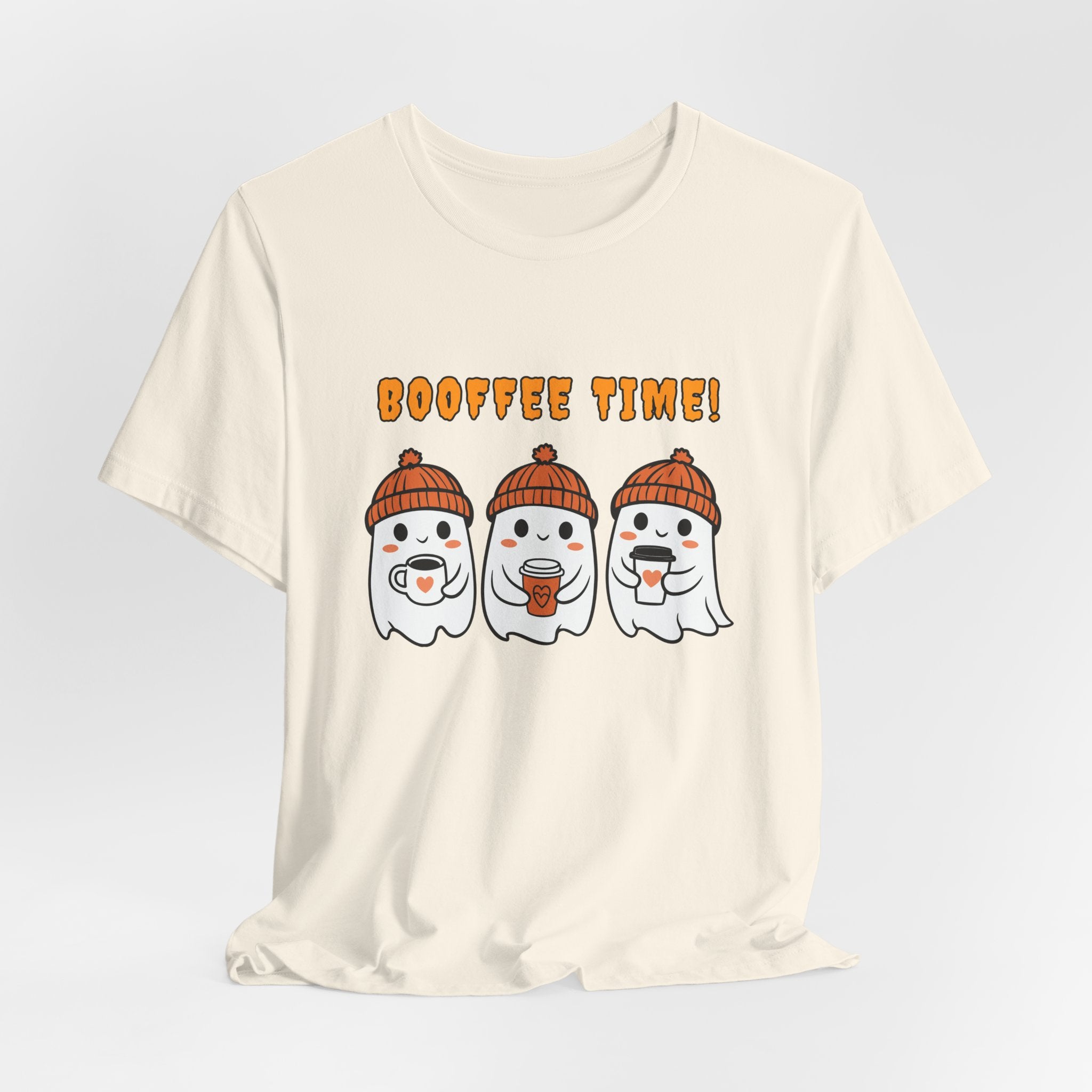Natural beige t-shirt with cartoon ghosts wearing beanies and drinking coffee, and 'BOOFFEE TIME!' text.