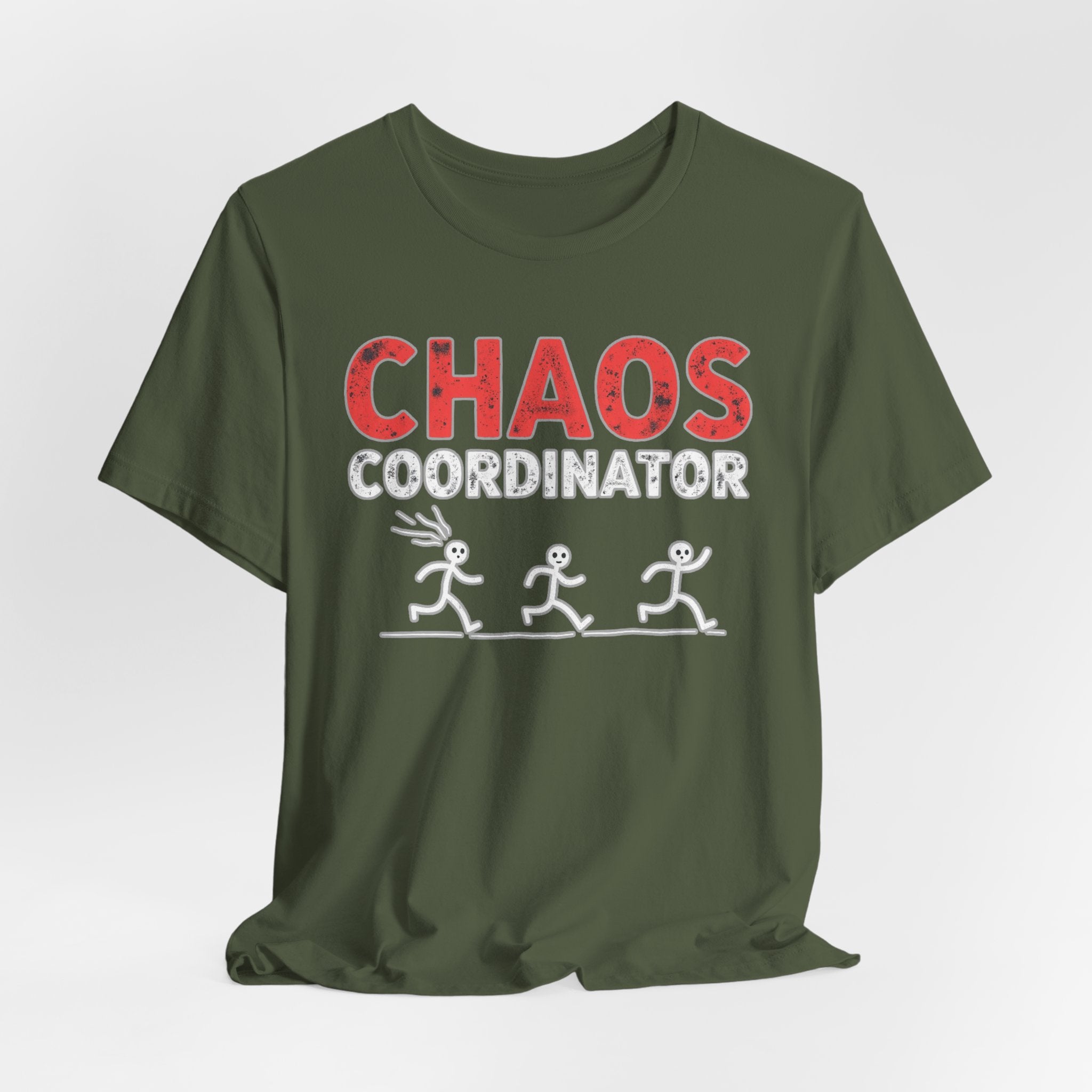 Military green t-shirt with 'CHAOS COORDINATOR' text and stick figure graphics on a white background