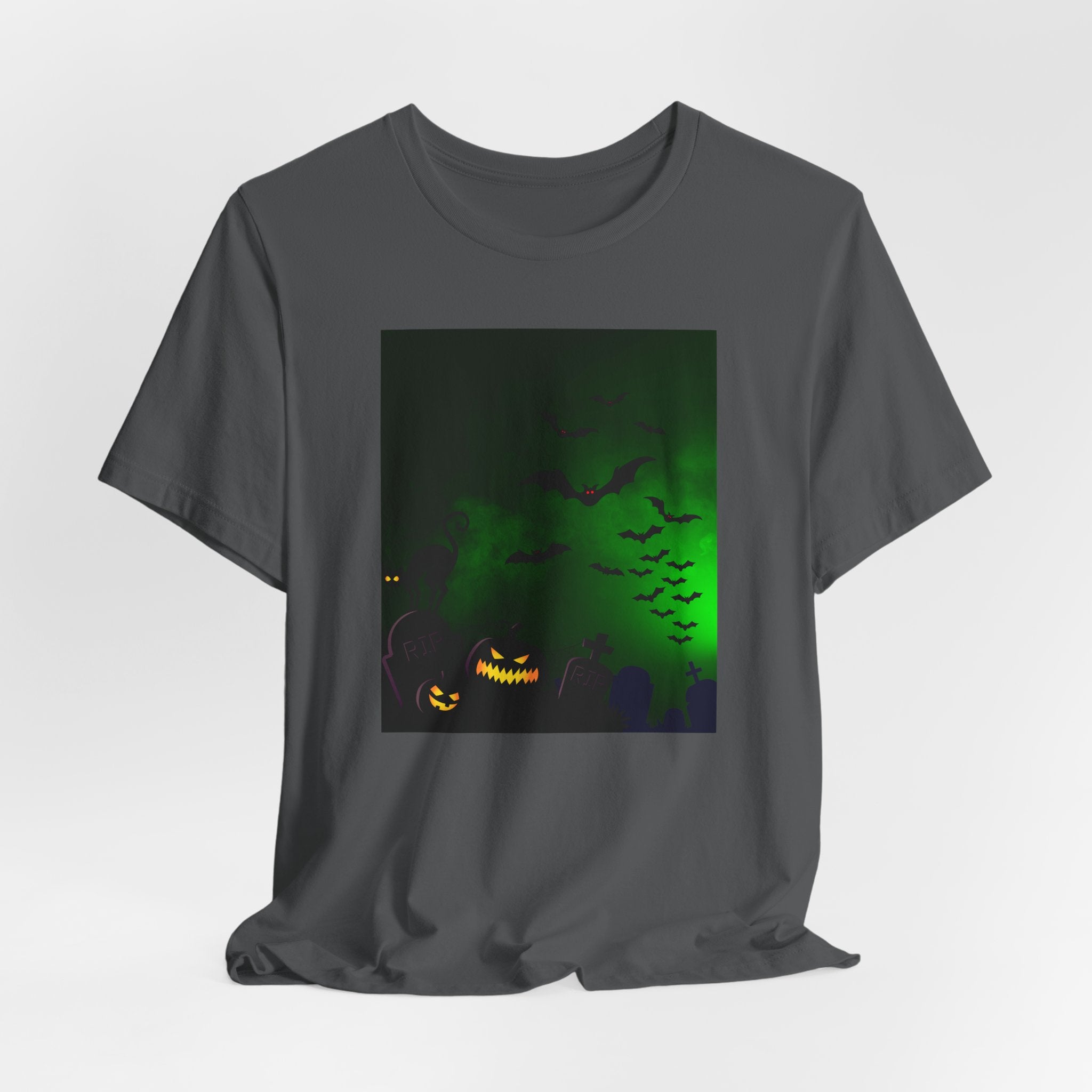 Asphalt gray t-shirt with a Halloween-themed graphic on a white background