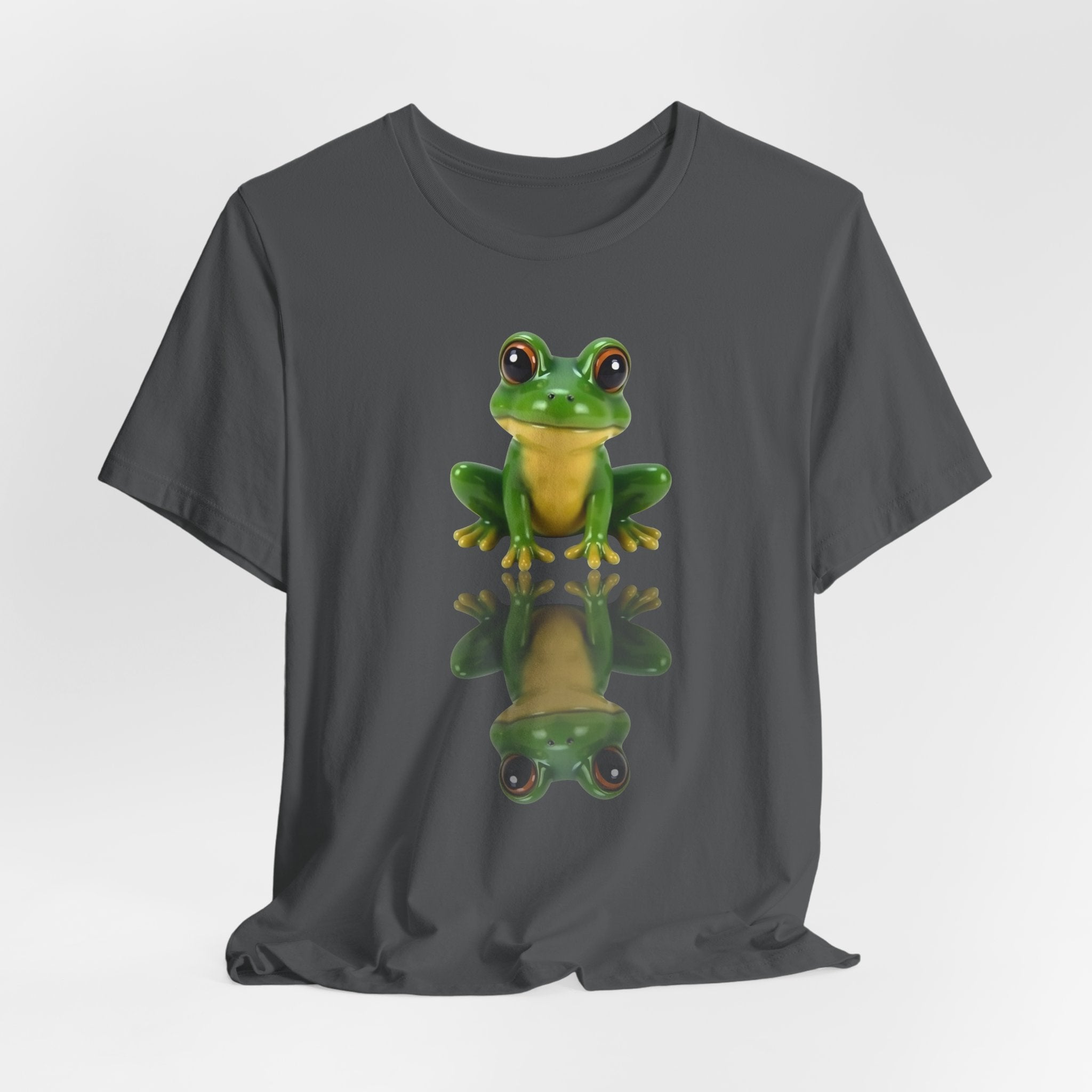 Asphalt gray t-shirt with a green frog graphic on a white background