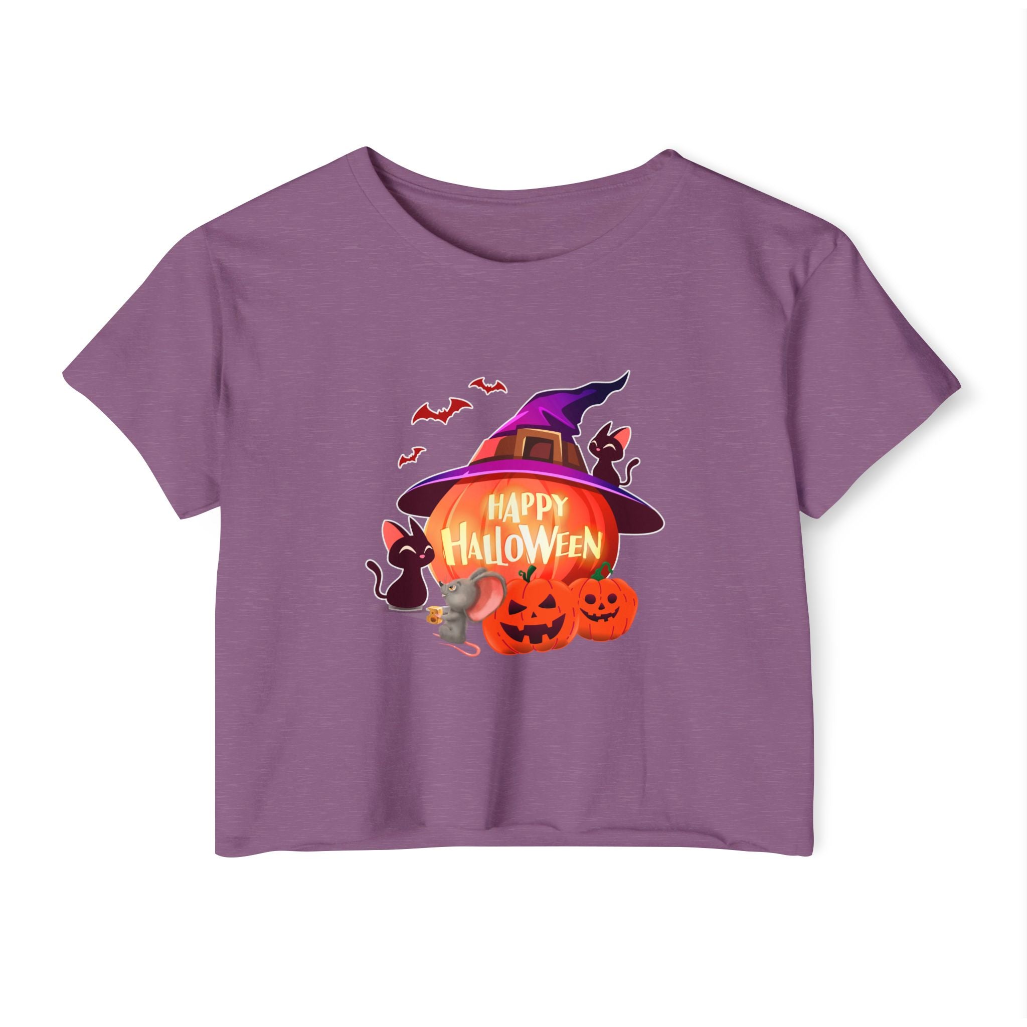 Shiraz purple color crop top shirt printed with halloween bat, rat, pumpkin, and witch hat in a white background.