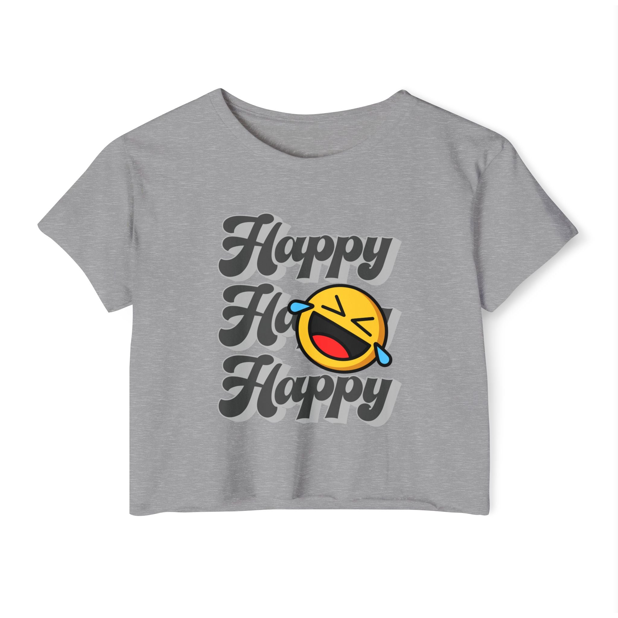 Grey t-shirt with happy emoji design on a white background