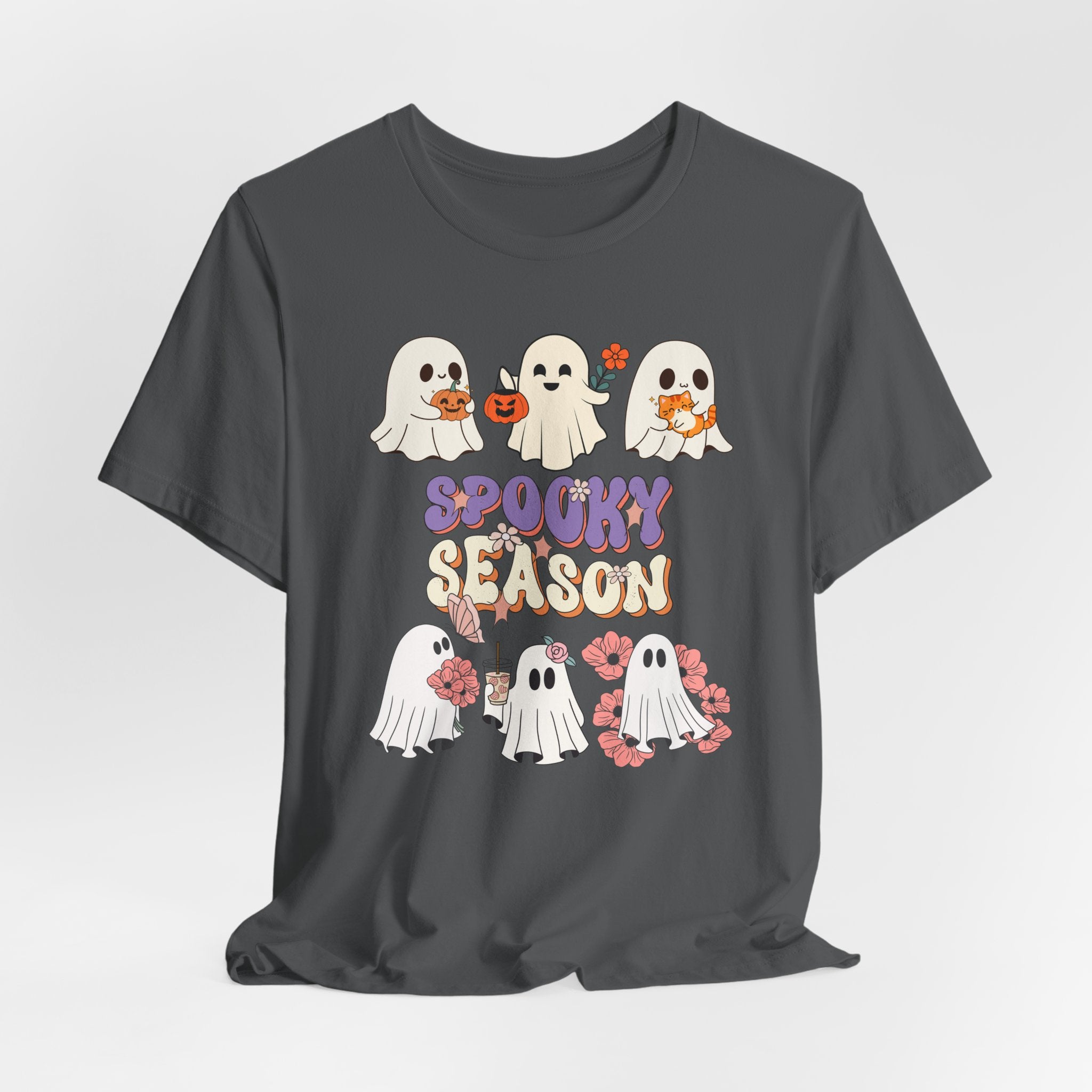 Asphalt gray t-shirt with Halloween-themed design featuring ghosts and 'Spooky Season' text on a white background.