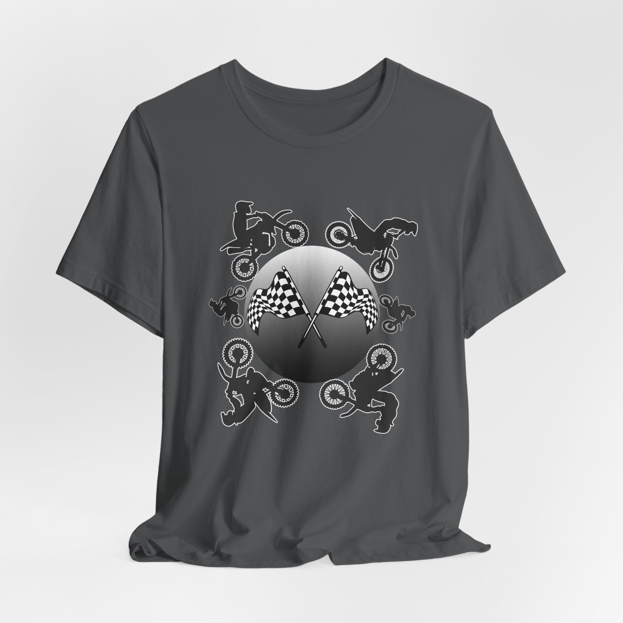 Asphalt gray t-shirt with motocross dirt bike graphics and checkered flags on a light gray background