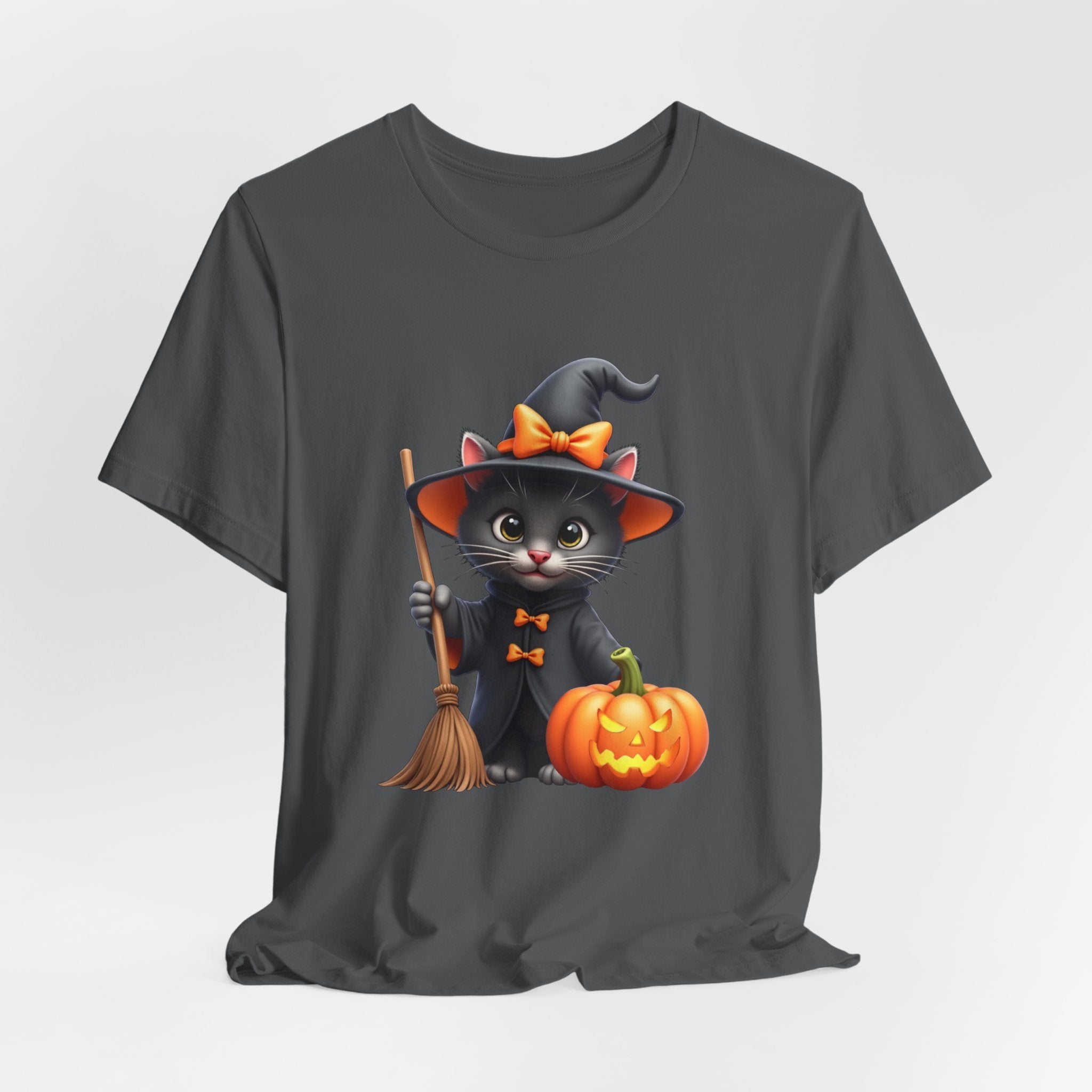 Asphalt gray t-shirt with a Halloween-themed design of a cat in a witch costume, broom, and pumpkin on a light gray background.