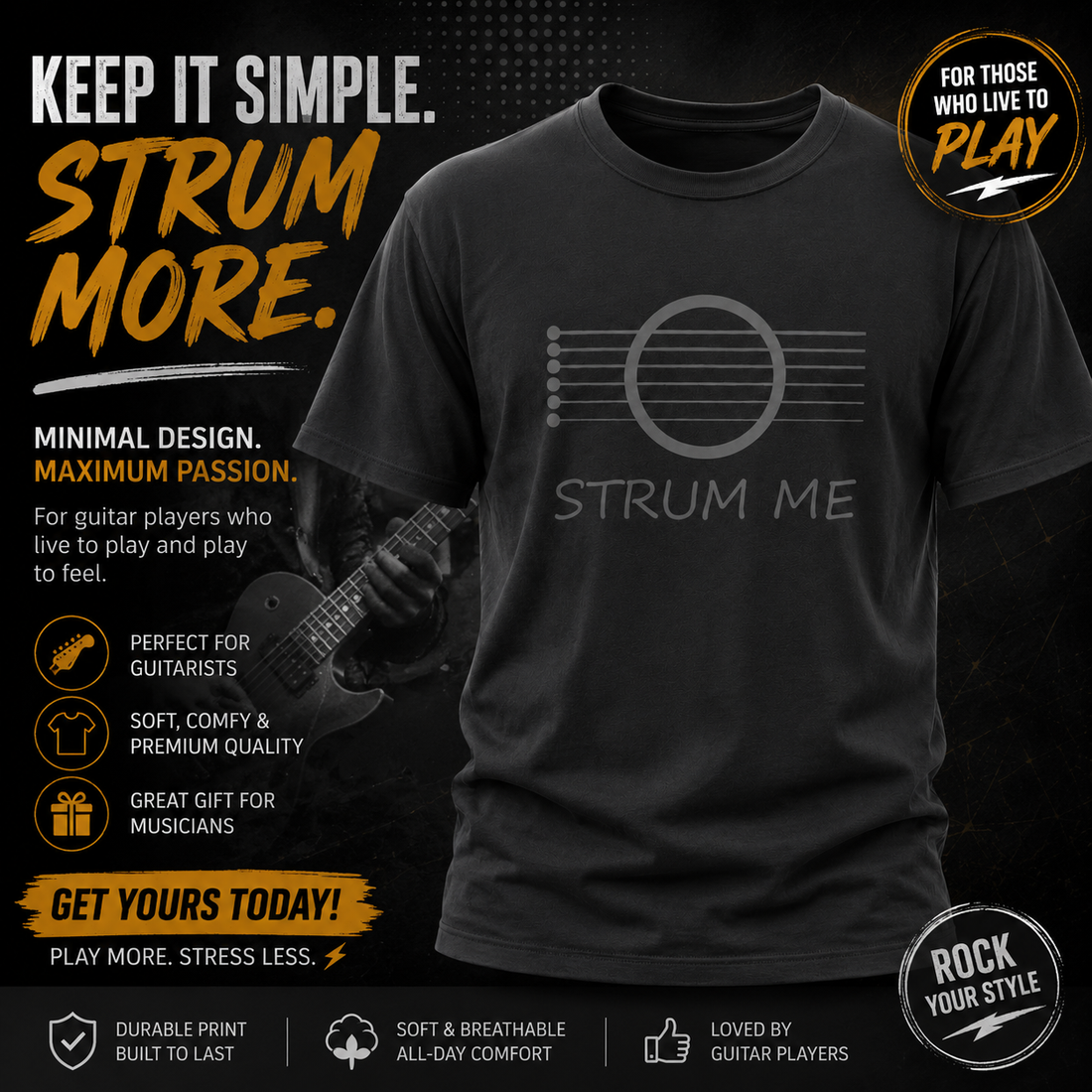 Faded black t-shirt with acoustic guitar string and strum me text in a black background