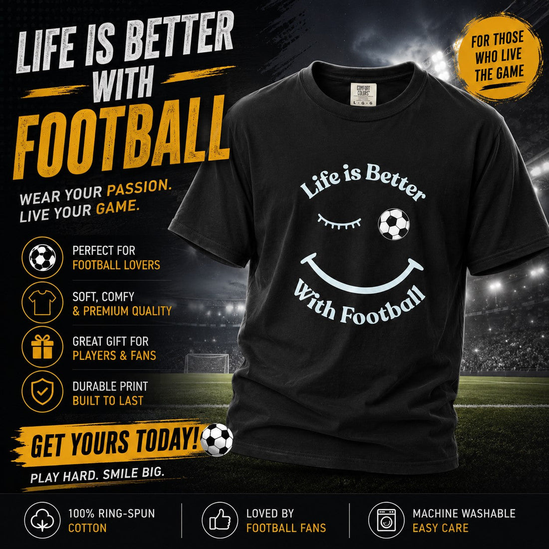 black t-shirt with life is better with football text 