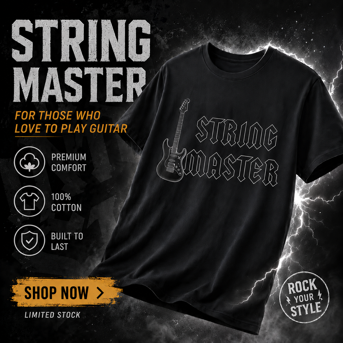 faded black t-shirt with electric guitar graphic and "STRING MASTER" text 