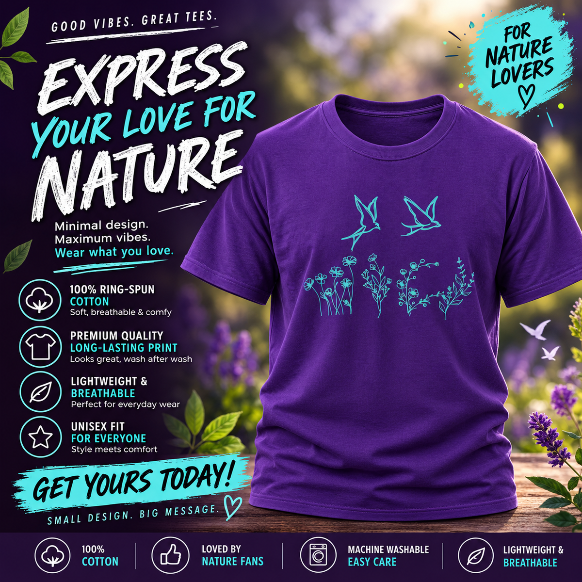 Bird and Flower Sketch T-Shirt | Nature Lover Graphic Tee