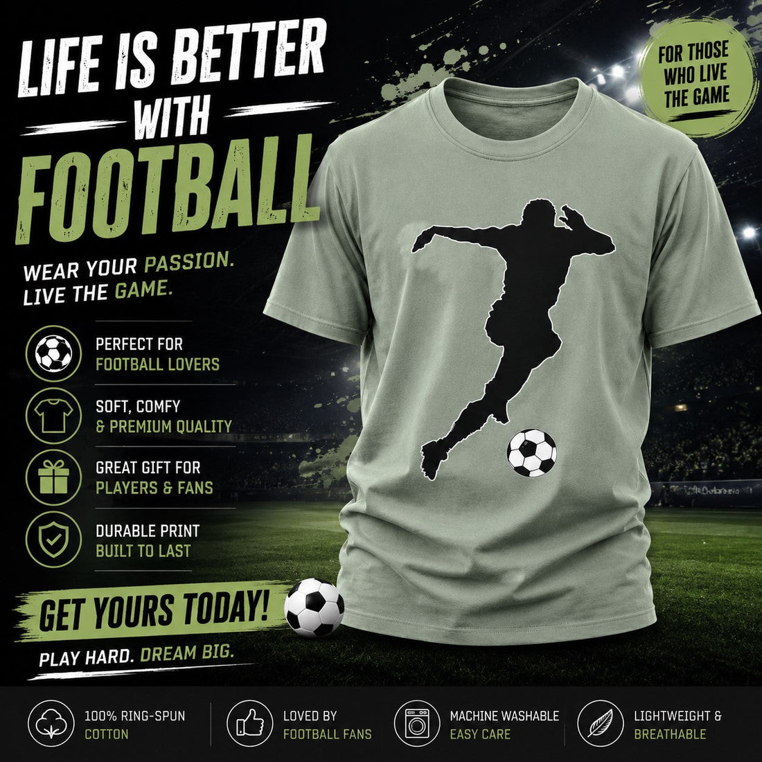 Green soccer player print with football in a black background