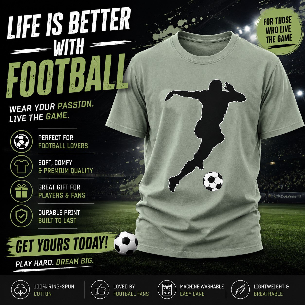 Green soccer player print with football in a black background
