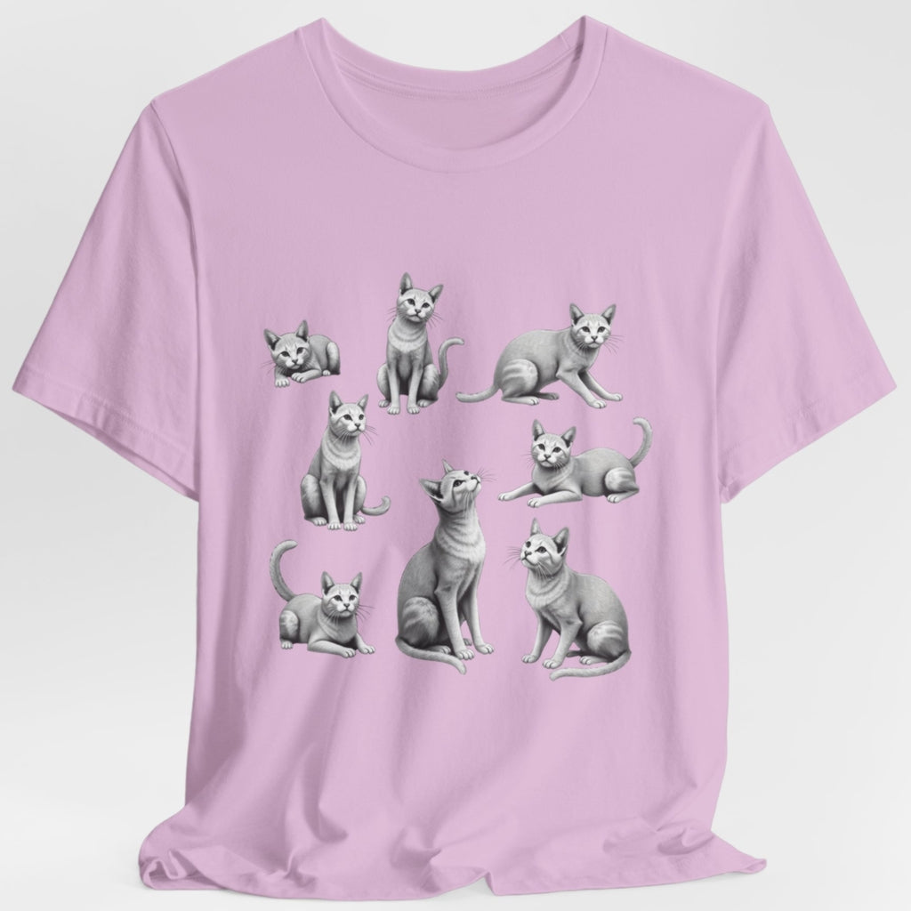 Multiple cat positions printed in the pink t-shirt