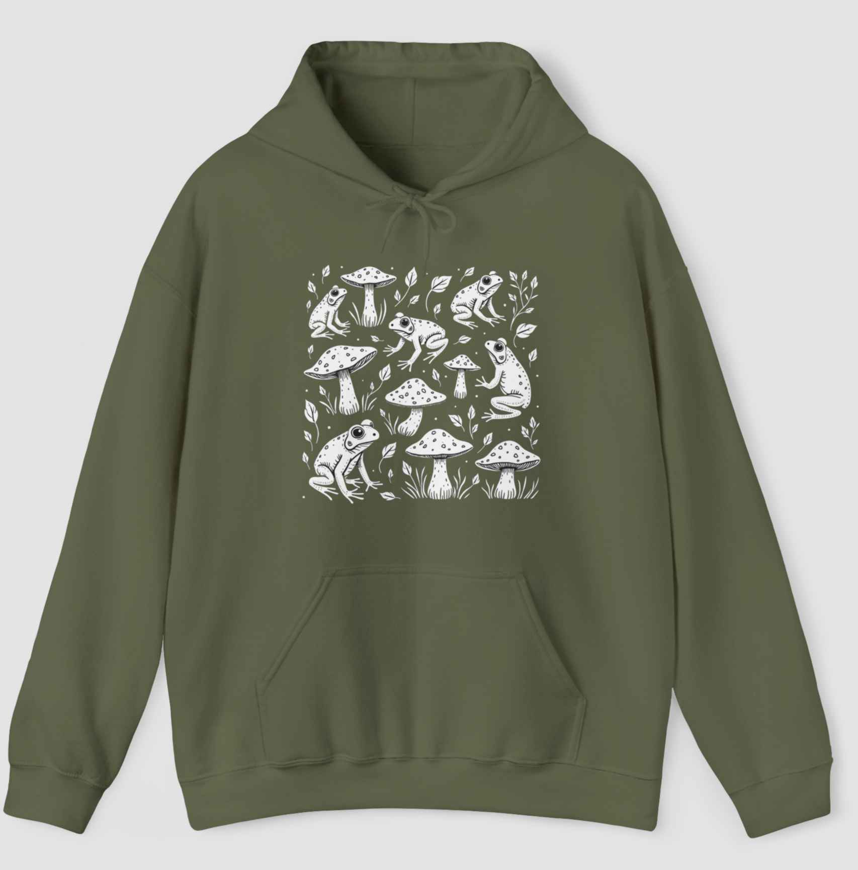 Green hoodie with frogs and mushroom graphics design in a gray background.