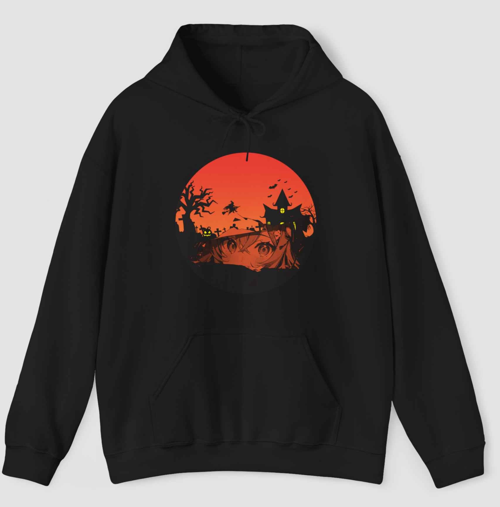 Black hoodie featuring graphics of anime eyes and witch haunted kingdom in orange color and gray background