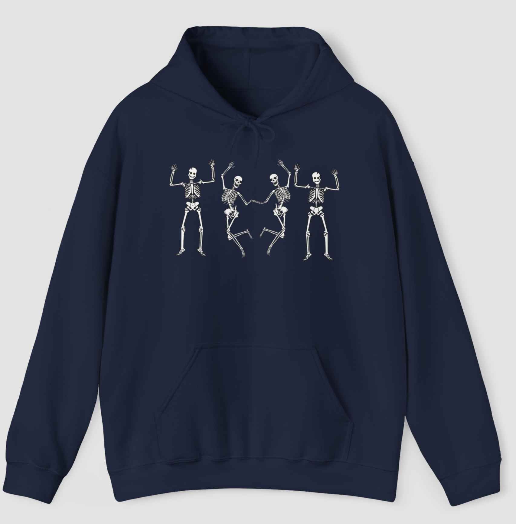 Navy blue hoodie with a graphics of dancing skeleton in a gray background.