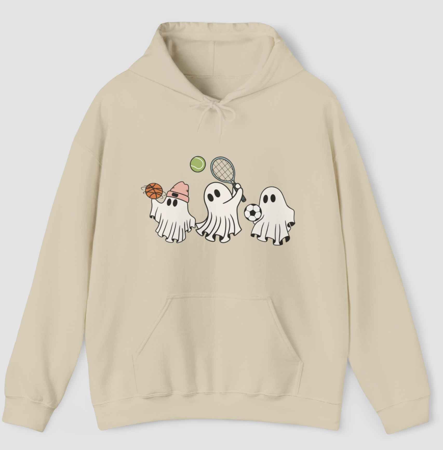 Beige hoodie with sporty ghost graphics in a gray background.