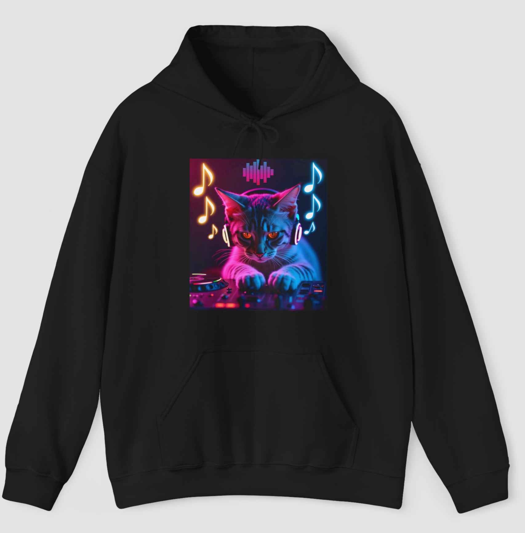 Black hoodies with a graphics of cat playing dj console wearing headphones and notes in a grey background.