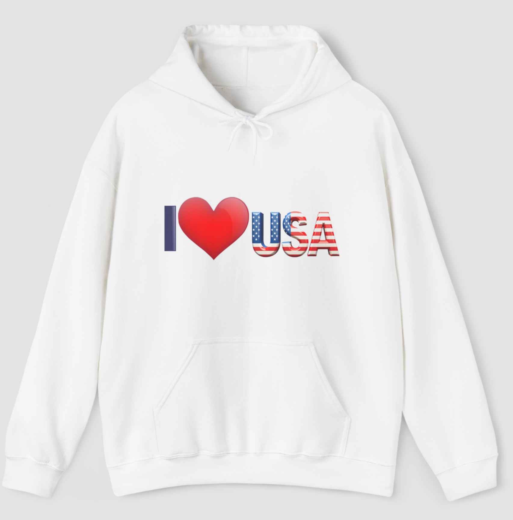 White hoodie with I love USA graphics on a gray background