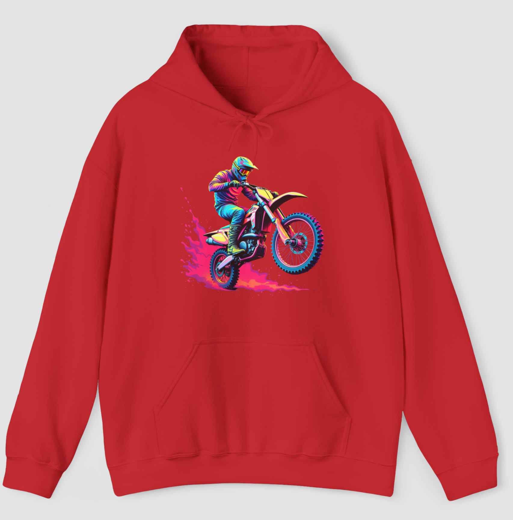 red hoodie with a graphic of colorful motocross image on a gray background