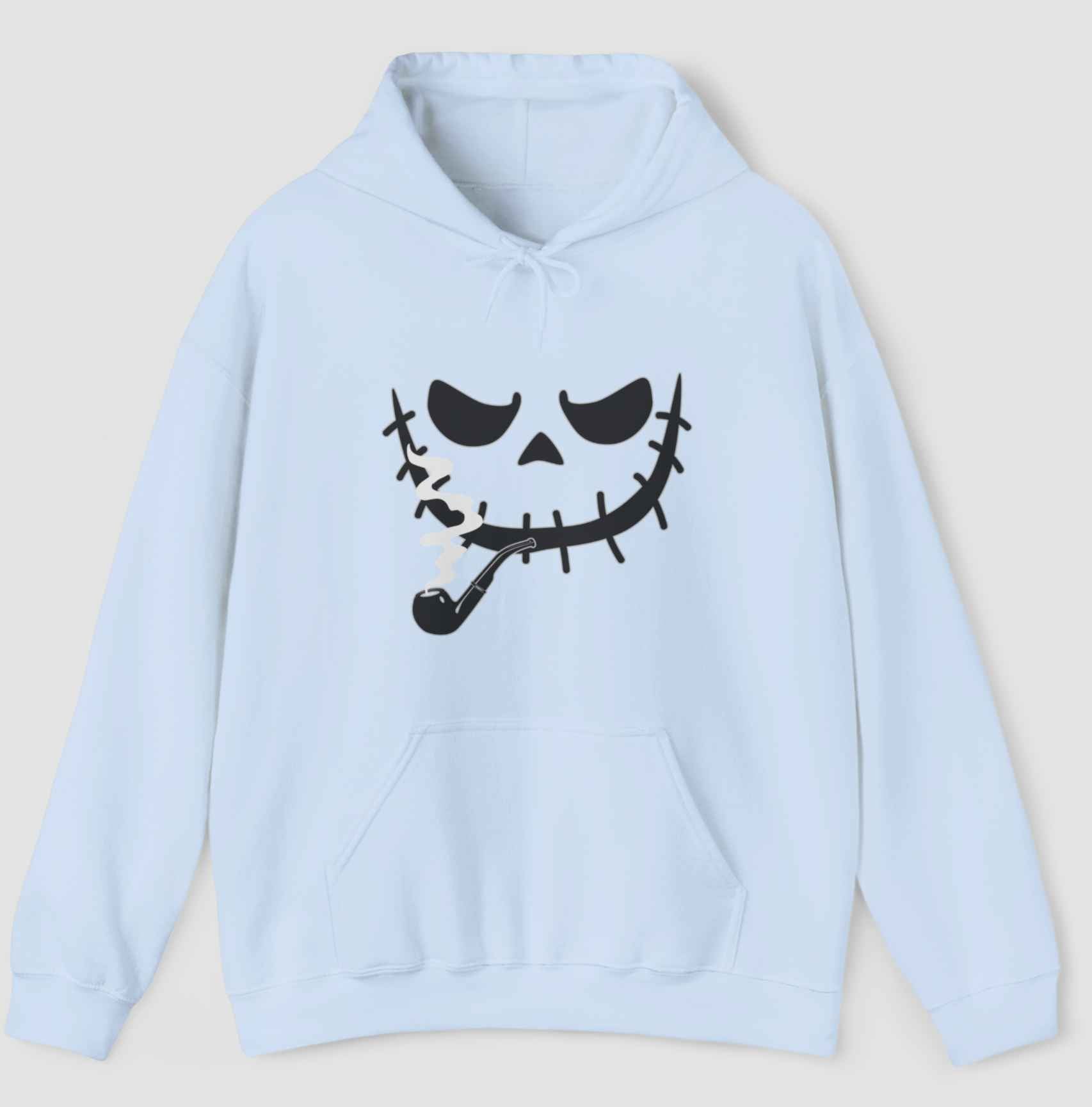Light blue hoodie with smoking skeleton monster in a gray background.