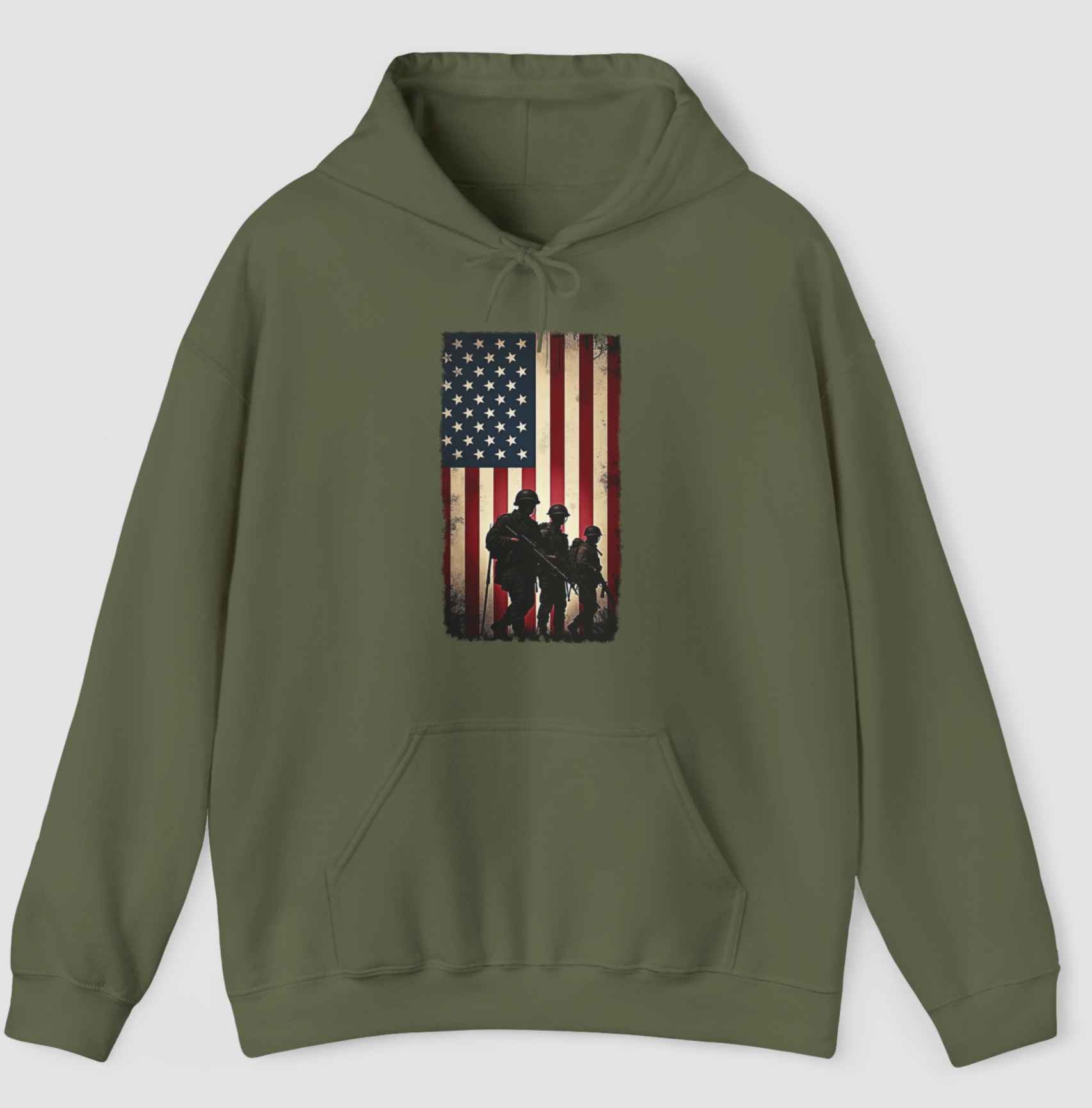 Military green hoodie with a vintage American flag and soldiers on a gray background.