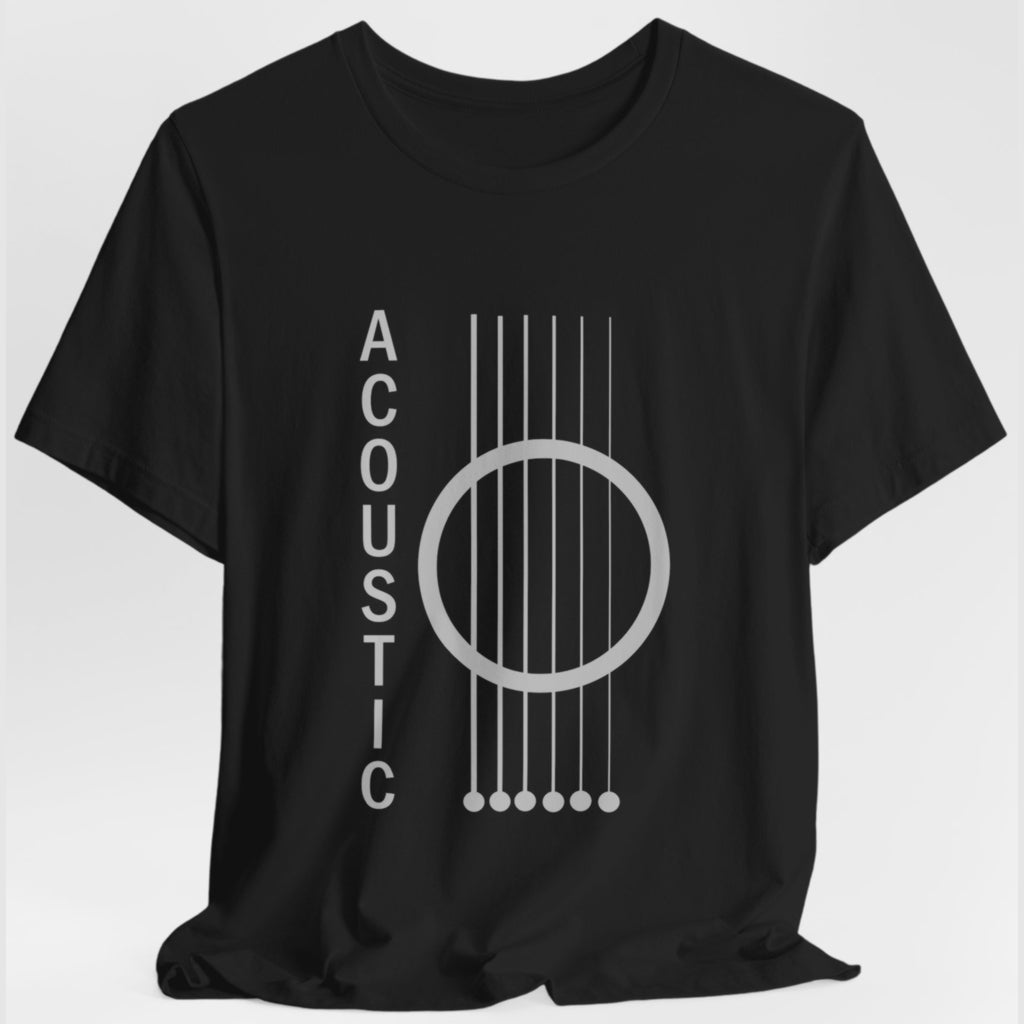 Close-up of guitar strings with the word “Acoustic” in bold lettering.