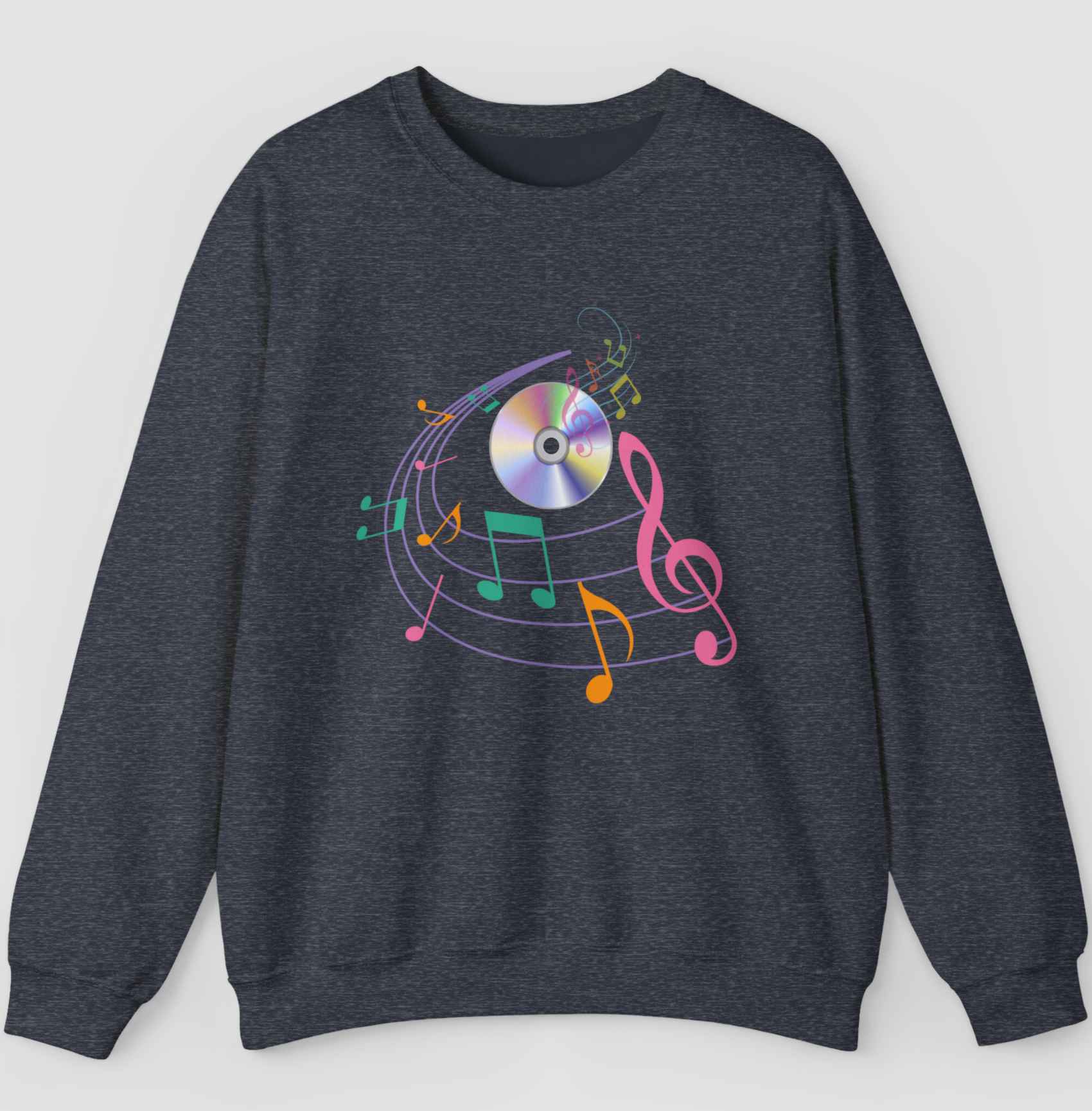 Dark gray sweatshirt with music notes and cd disk in a gray background