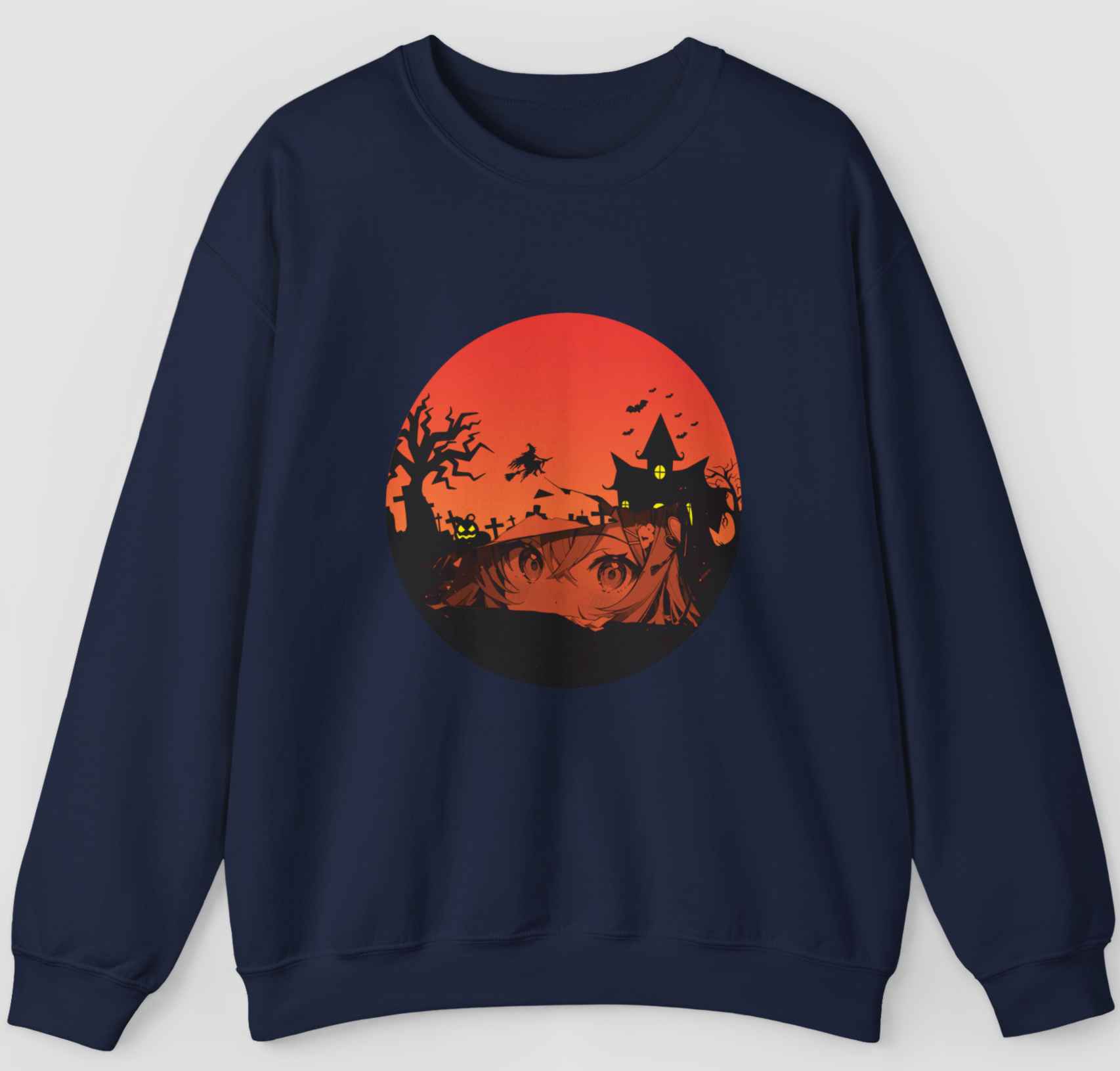 Navy blue sweatshirt with anime graphics in an orange circle on a gray background