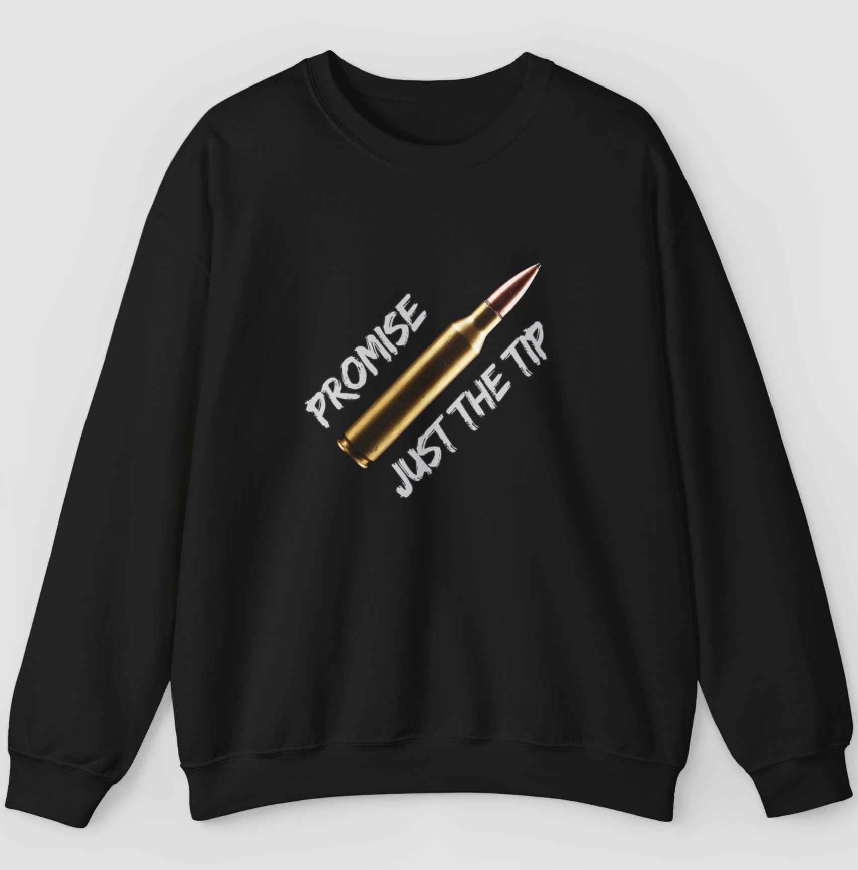 black sweatshirt with bullet and promise just the tip text on a grey background