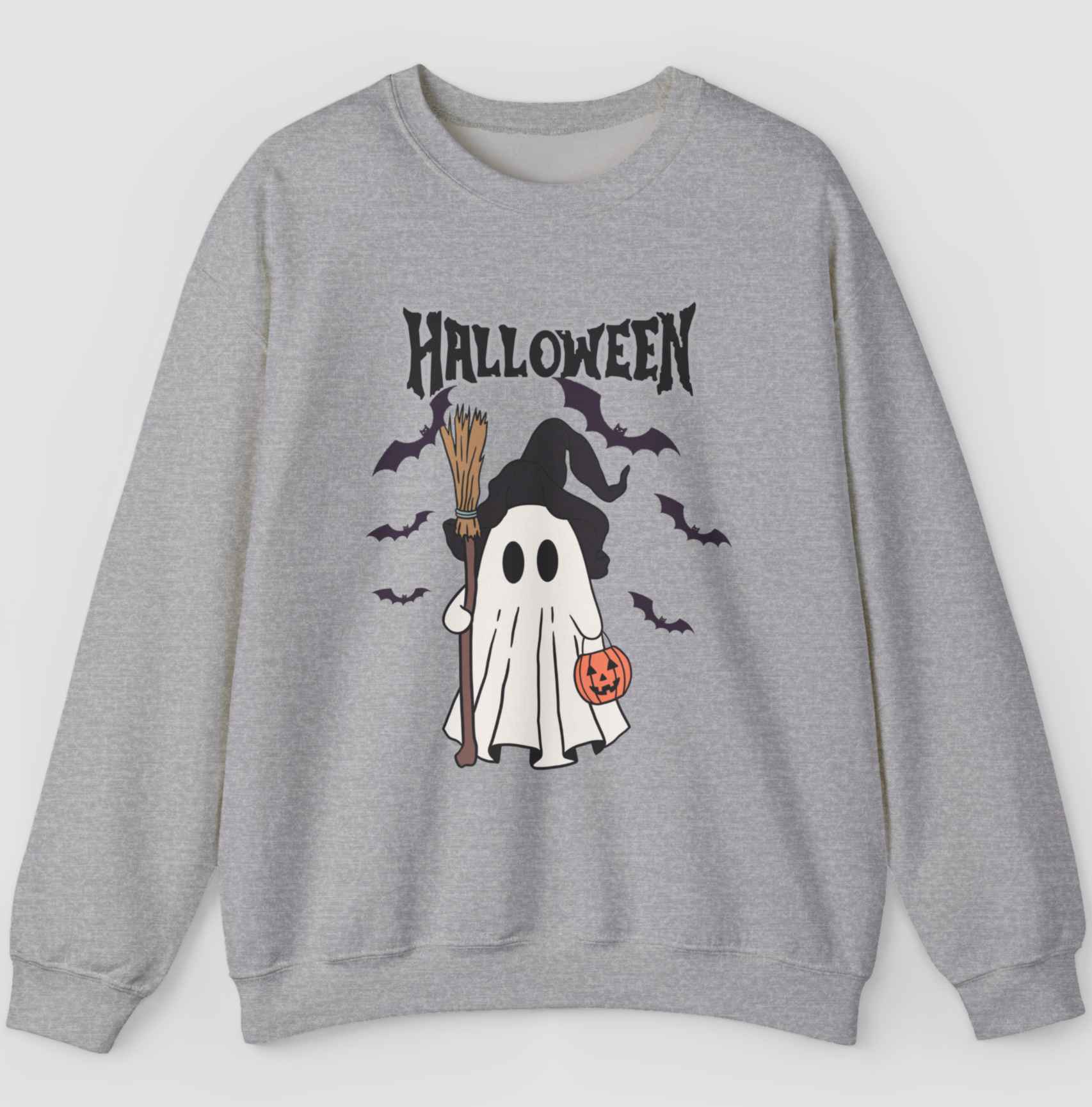 Sports grey sweatshirt with graphics of ghost holding pumpkins and broom with bats and halloween text in gray backgroud