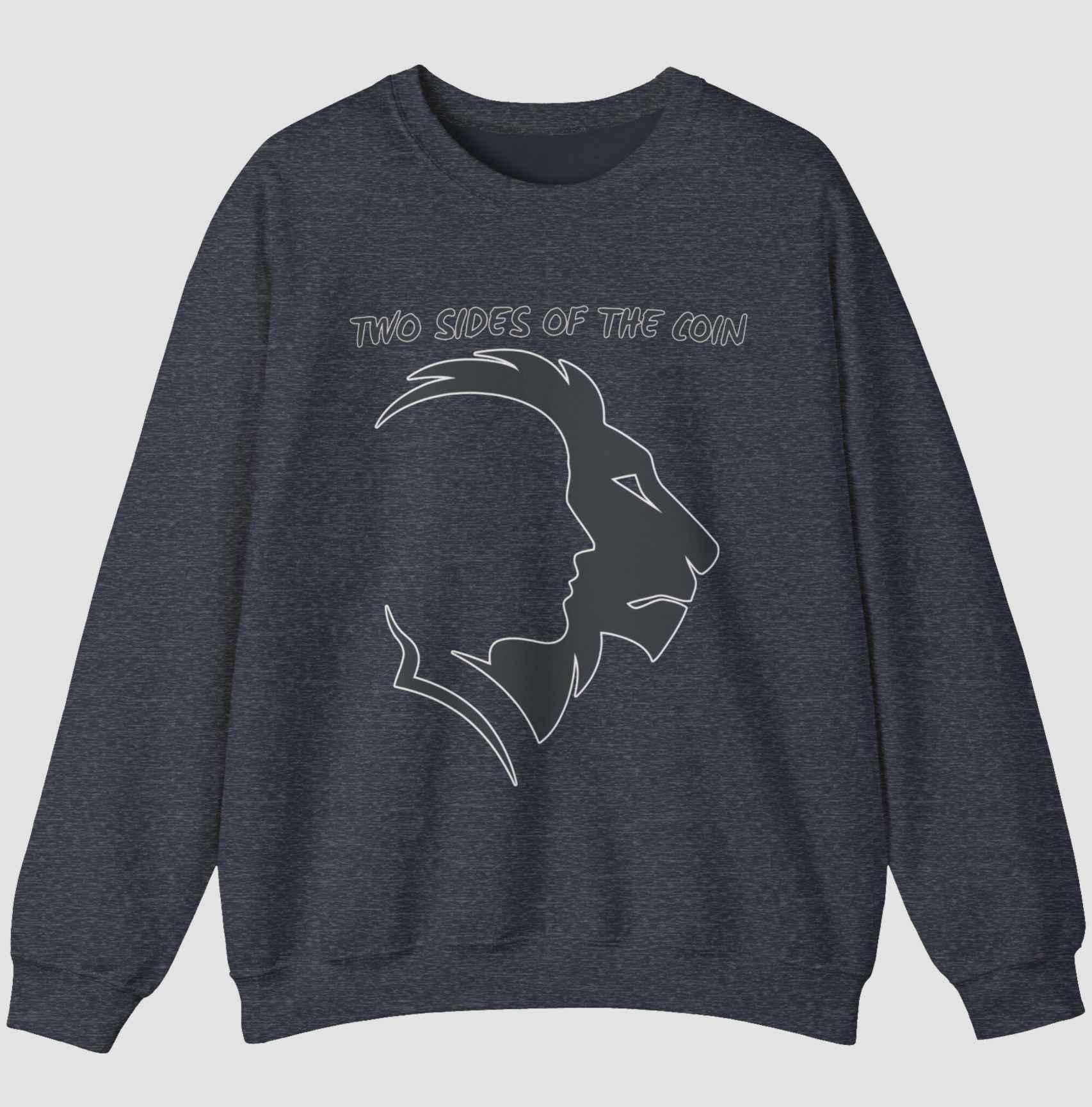 Heather sport dark navy sweatshirt with human and lion faces in a gray background