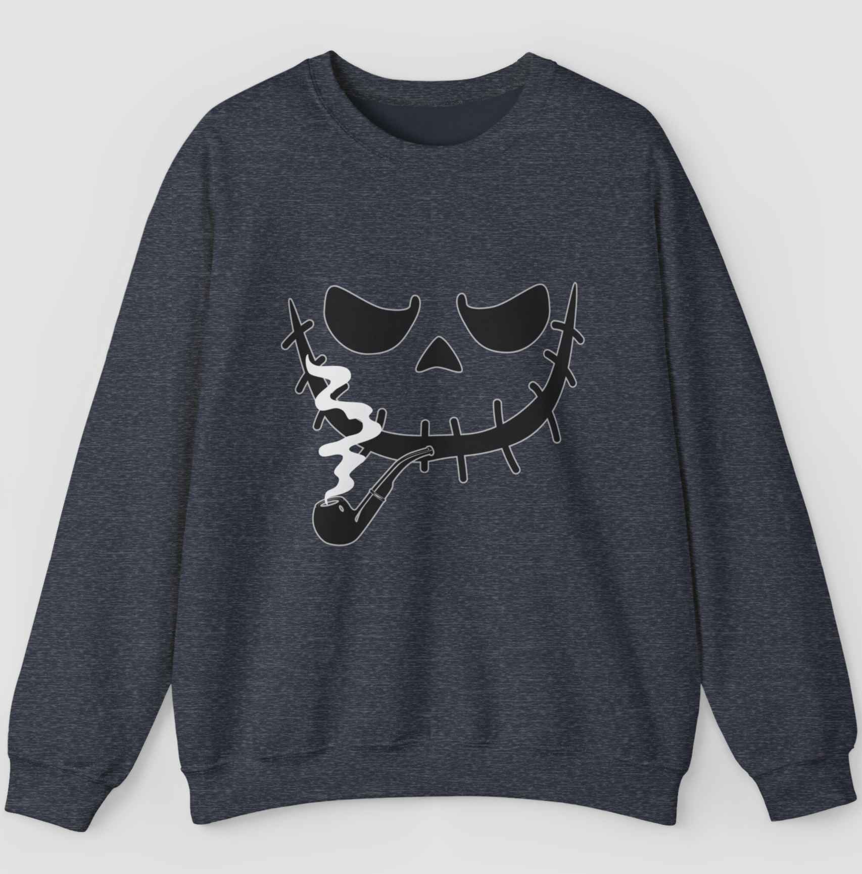 Dark heather grey sweatshirt with a smoking monster skull on a gray background