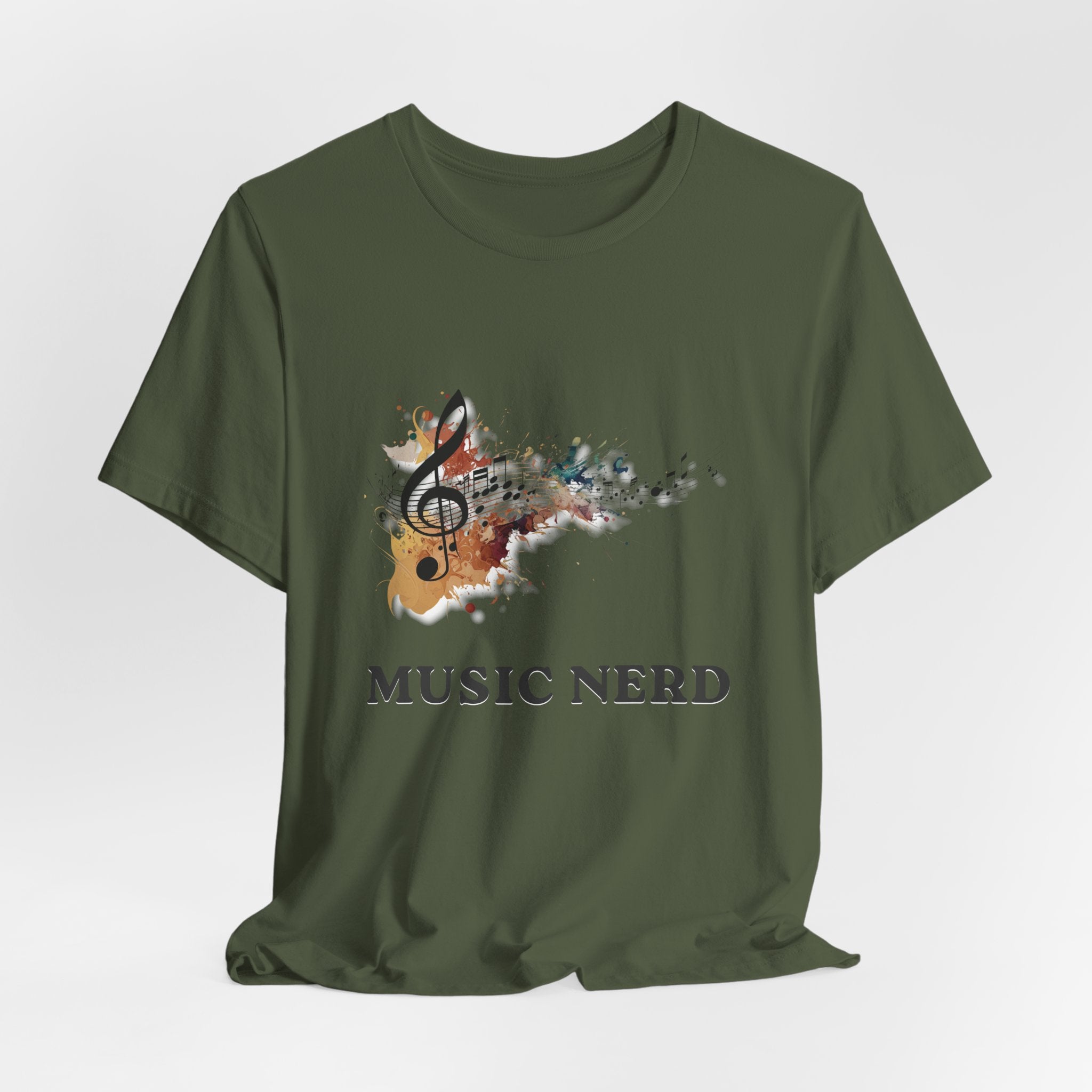 Green t-shirt with a music-themed design and 'MUSIC NERD' text on a white background