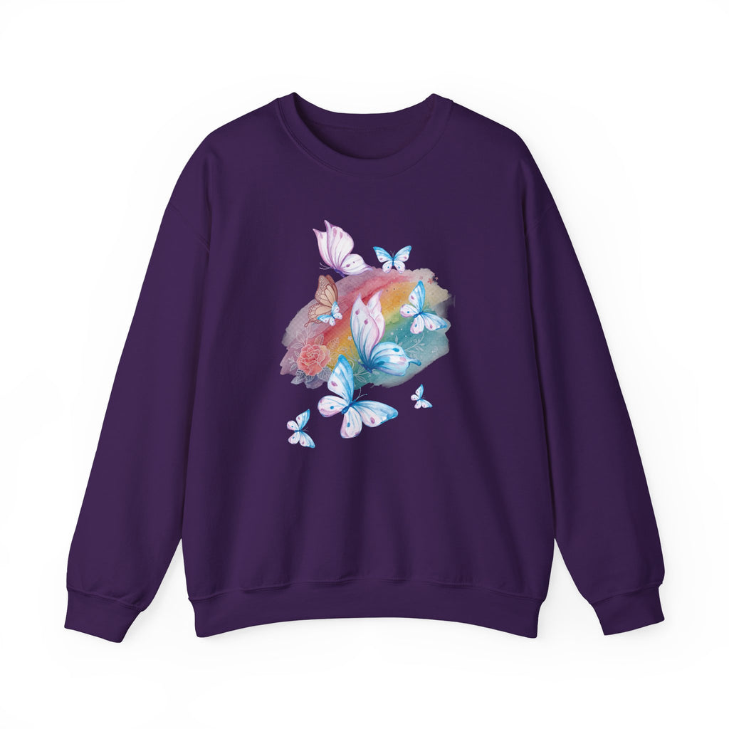 Purple sweatshirt with butterfly and rainbow design on a white background