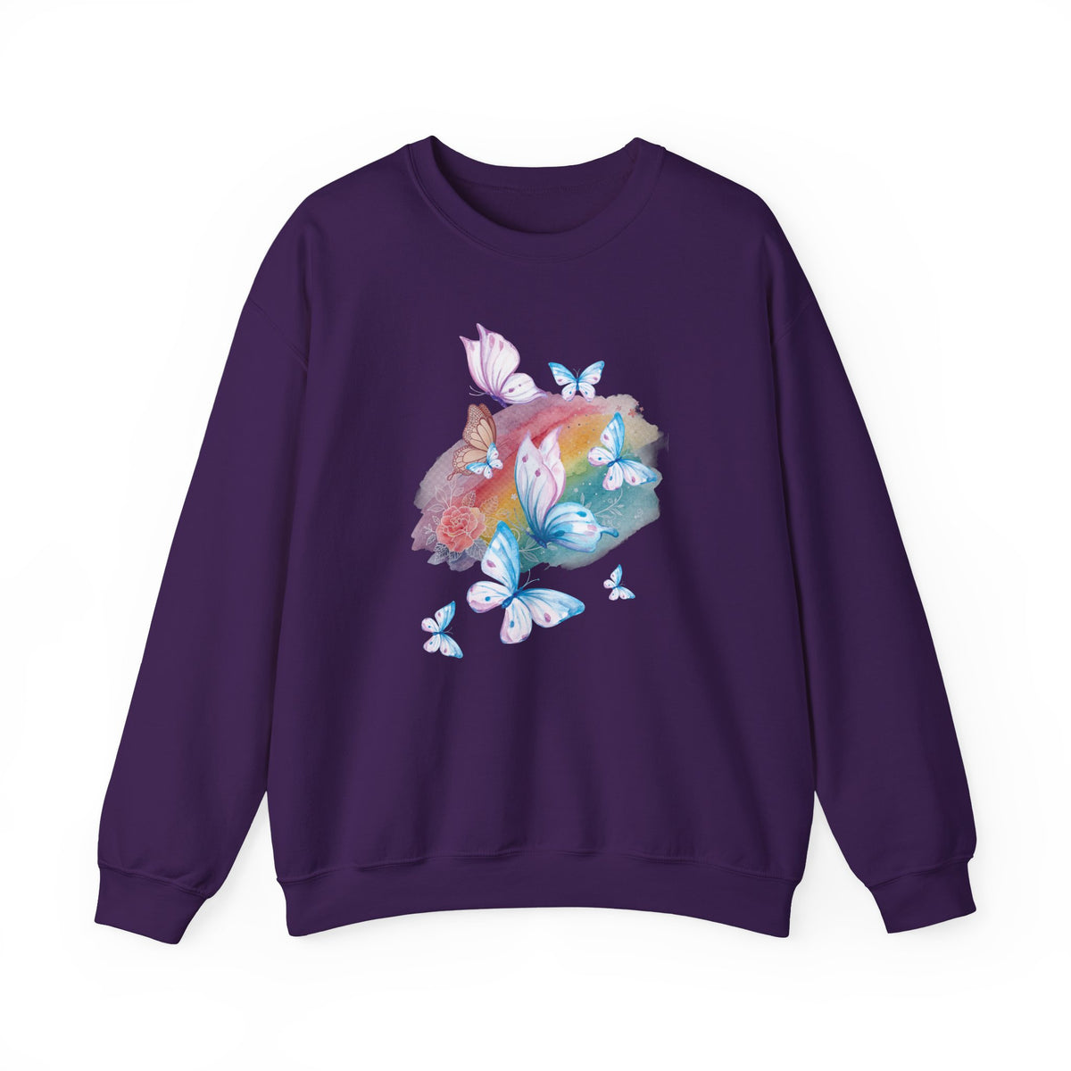 Purple sweatshirt with butterfly and rainbow design on a white background