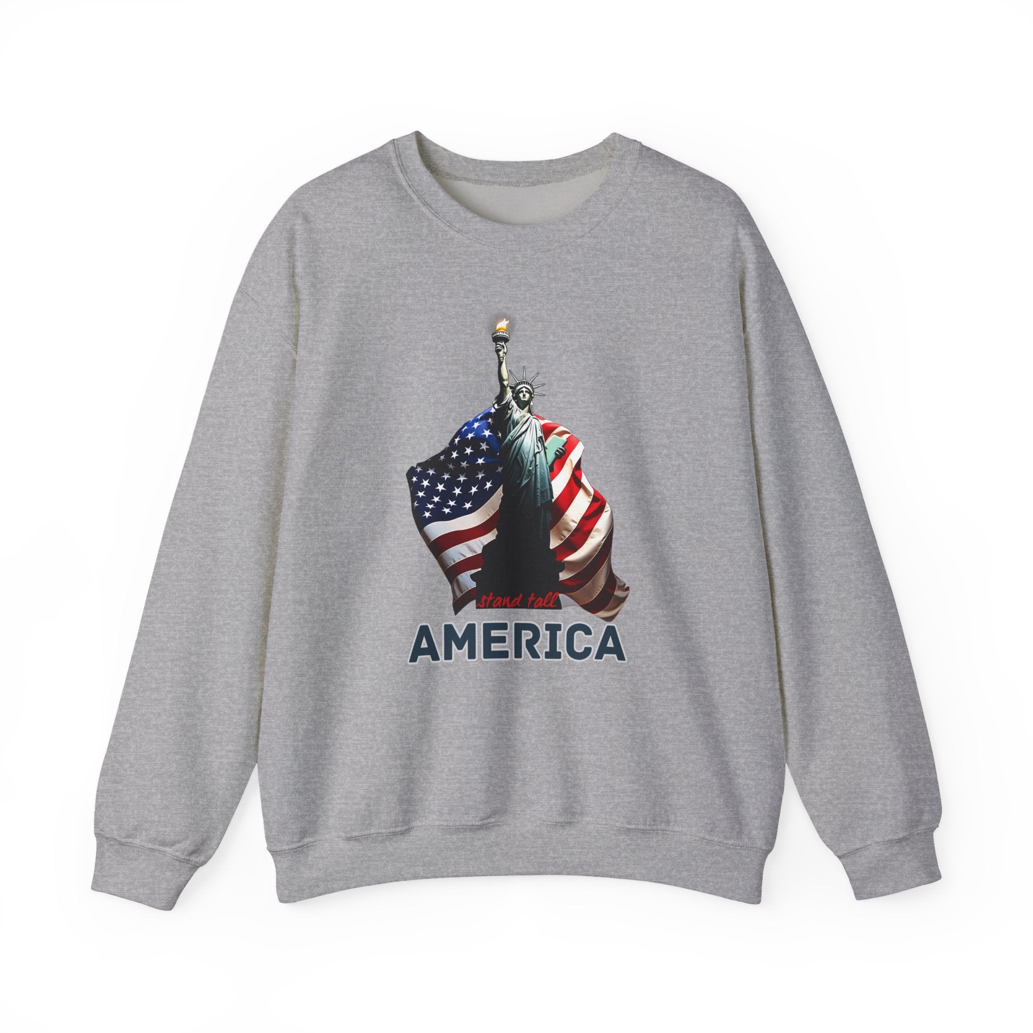 Gray sweatshirt with American flag and 'America' text design on a white background