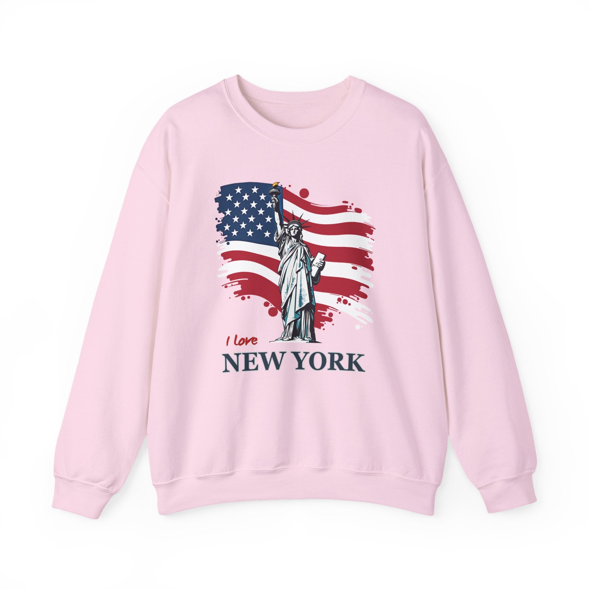 Pink sweatshirt with Statue of Liberty and American flag design on a white background