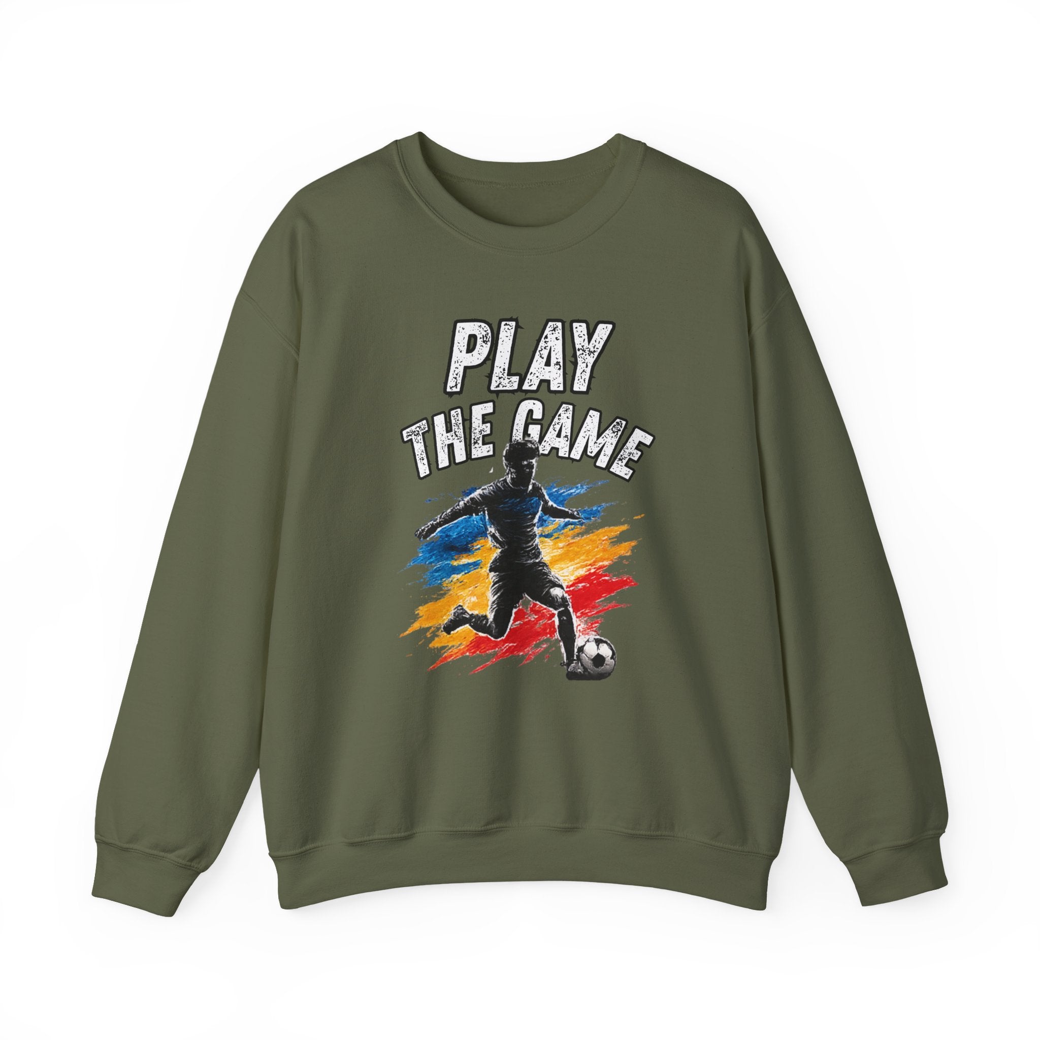 Green sweatshirt featuring a graphic print of a soccer player kicking a ball with the text 'PLAY THE GAME' in white, set against a plain white background.
