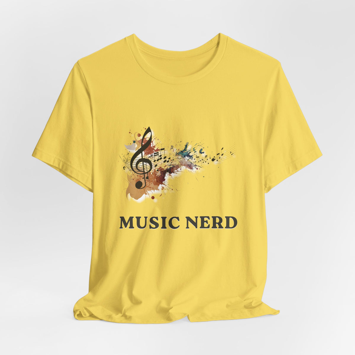 Yellow t-shirt with a music-themed design and 'MUSIC NERD' text on a white background