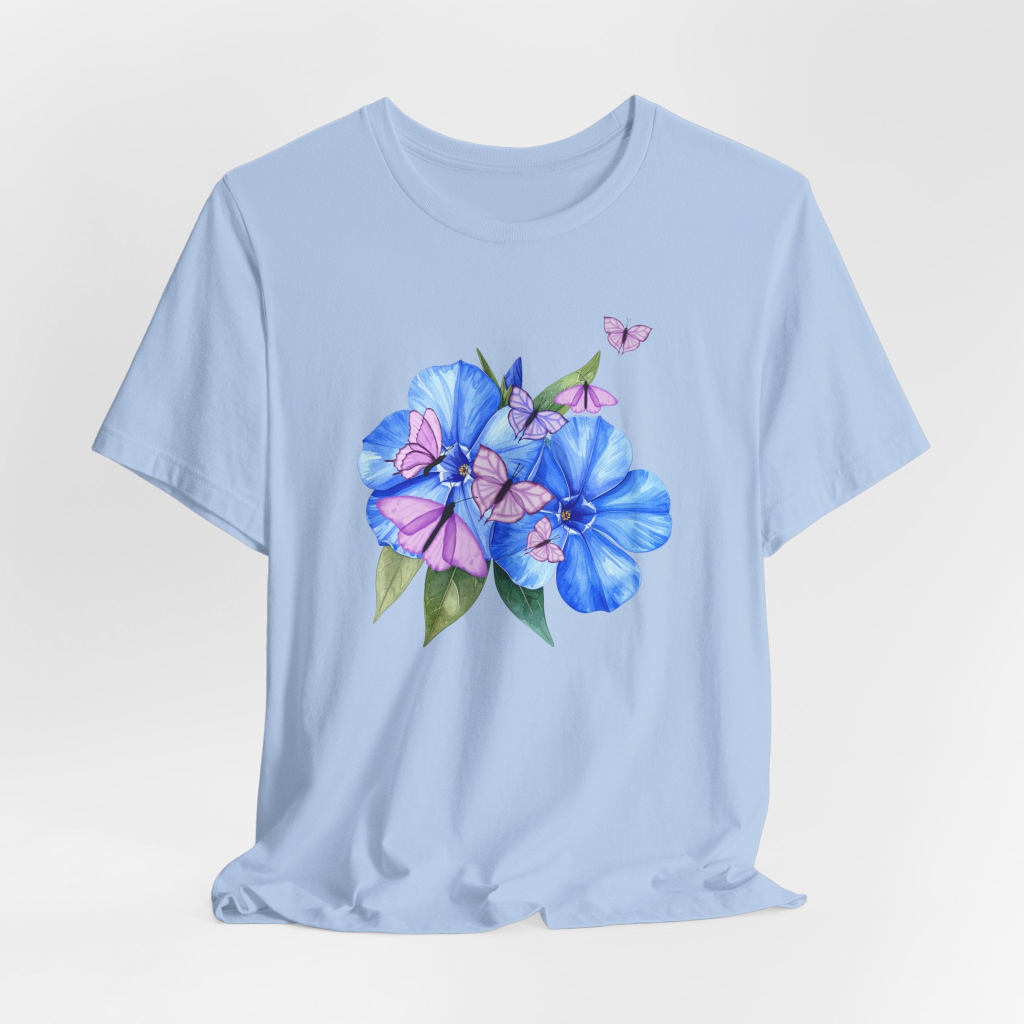 Light blue t-shirt with floral design on a light gray background