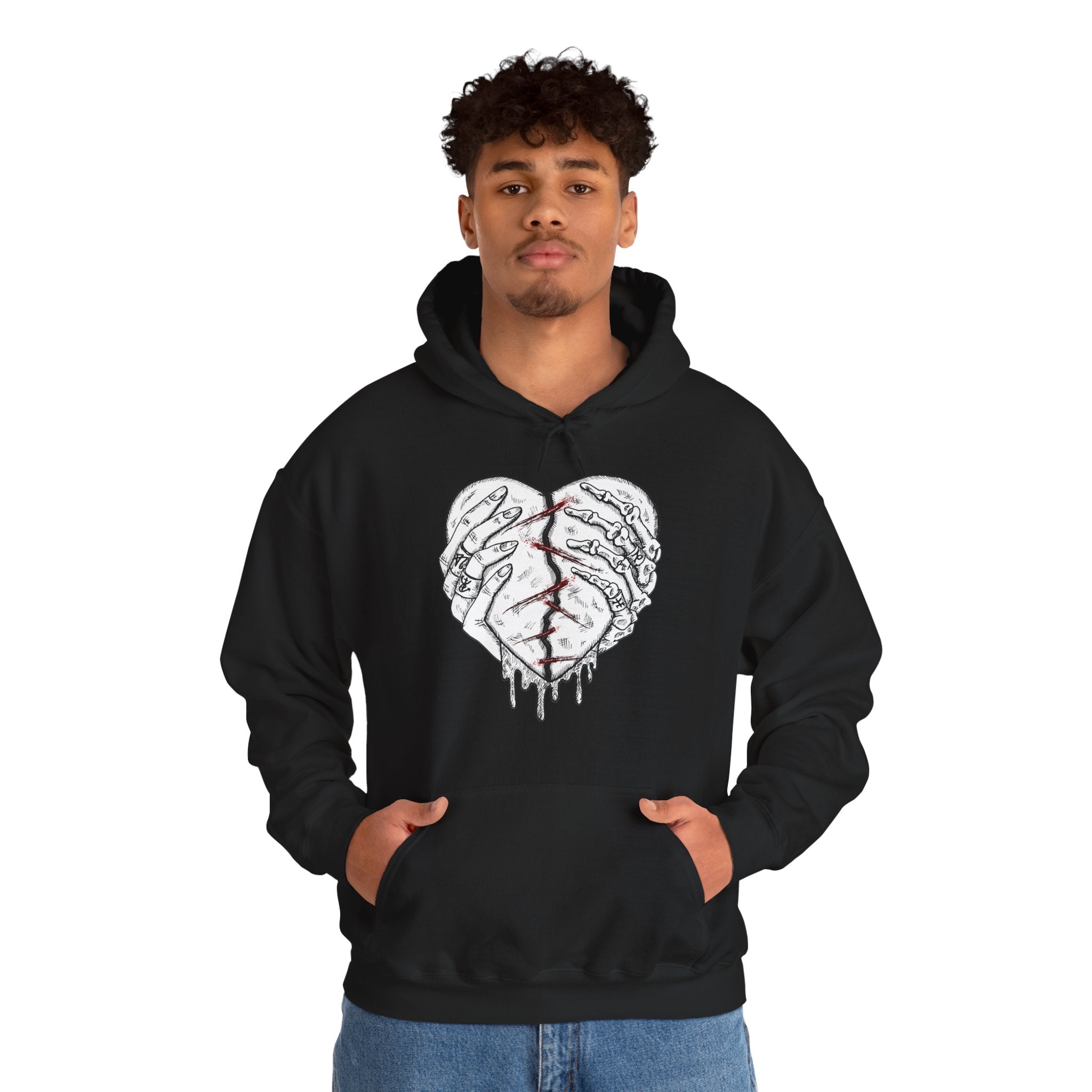 Person wearing a black hoodie with a white graphic design on a white background