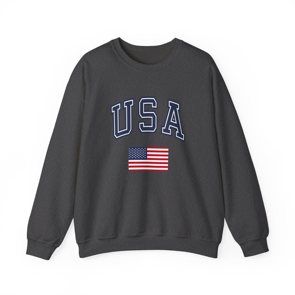 Dark gray sweatshirt with 'USA' and American flag on a white background