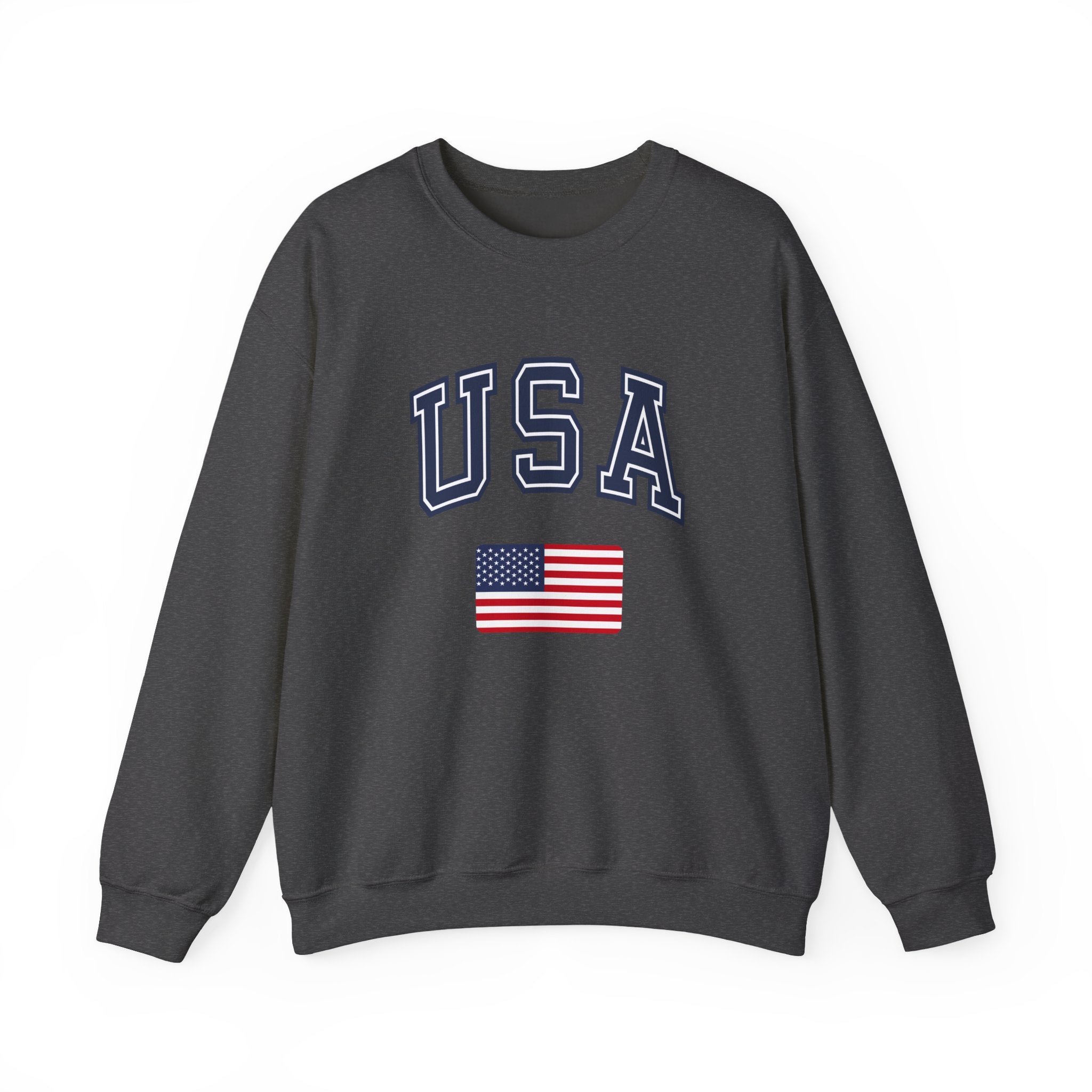 Dark gray sweatshirt with 'USA' and American flag on a white background