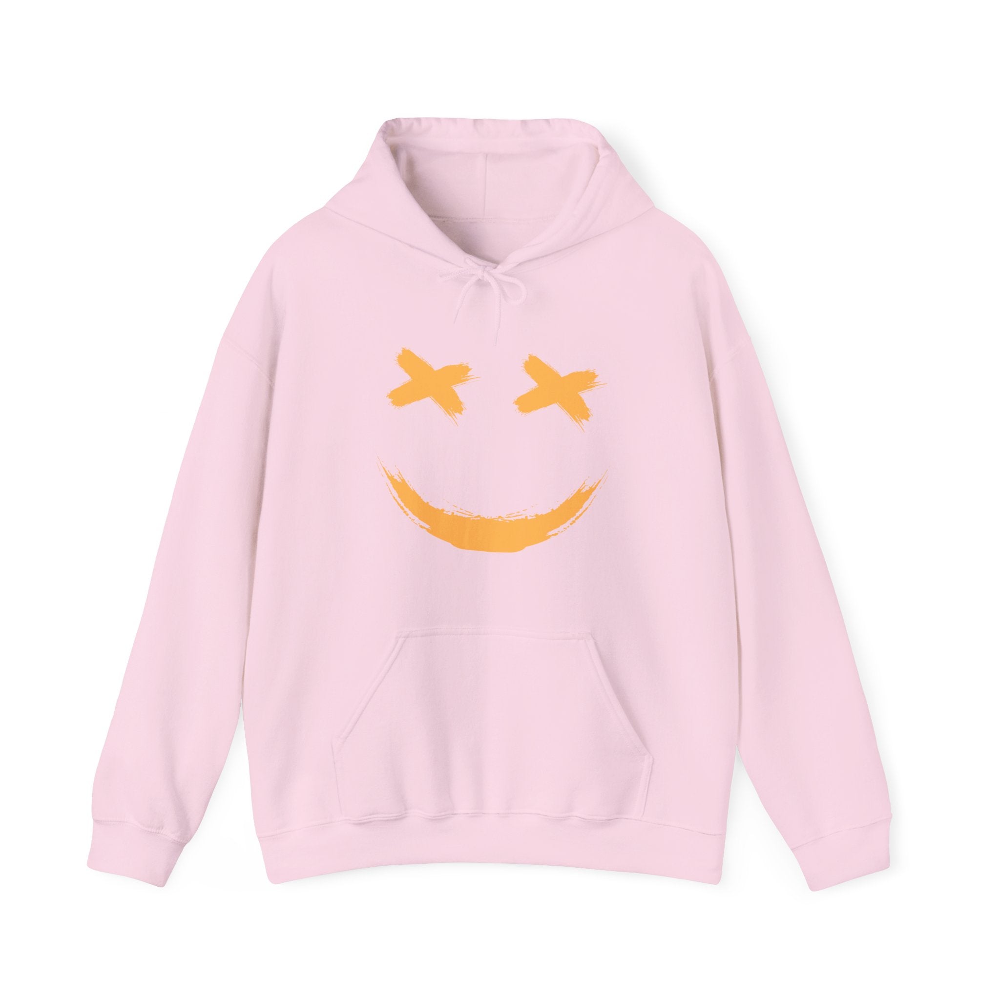 Pink hoodie with a smiley face design on a white background