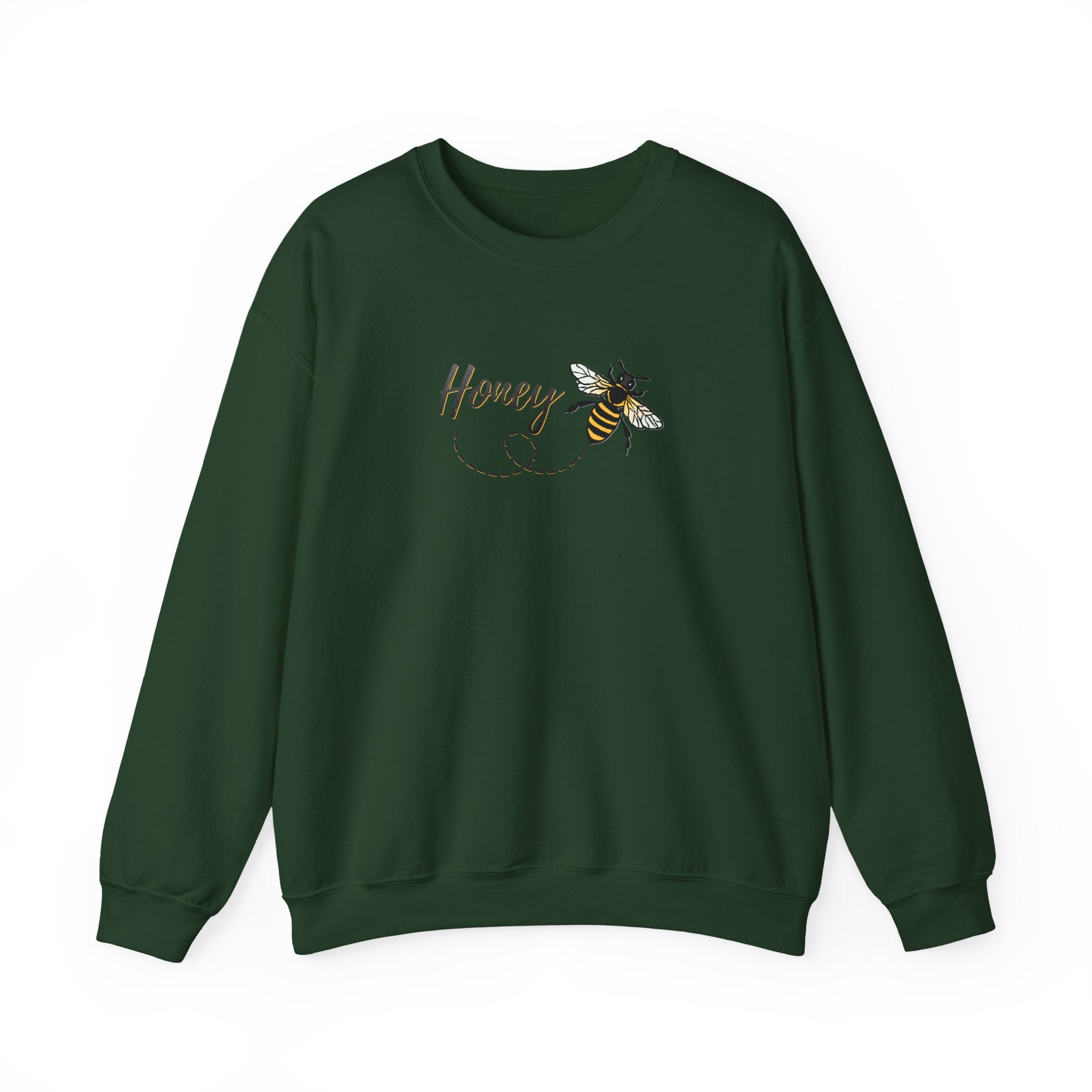 Green sweatshirt with a bee and 'Honey' text design on a white background