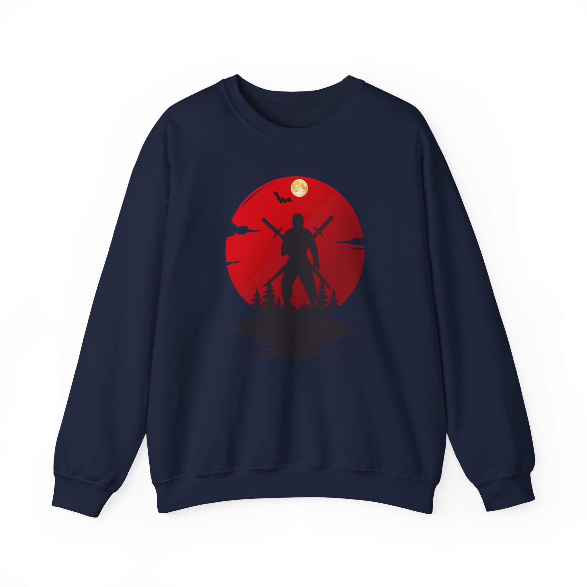 Navy blue sweatshirt with a red and black ninja graphic design on a white background