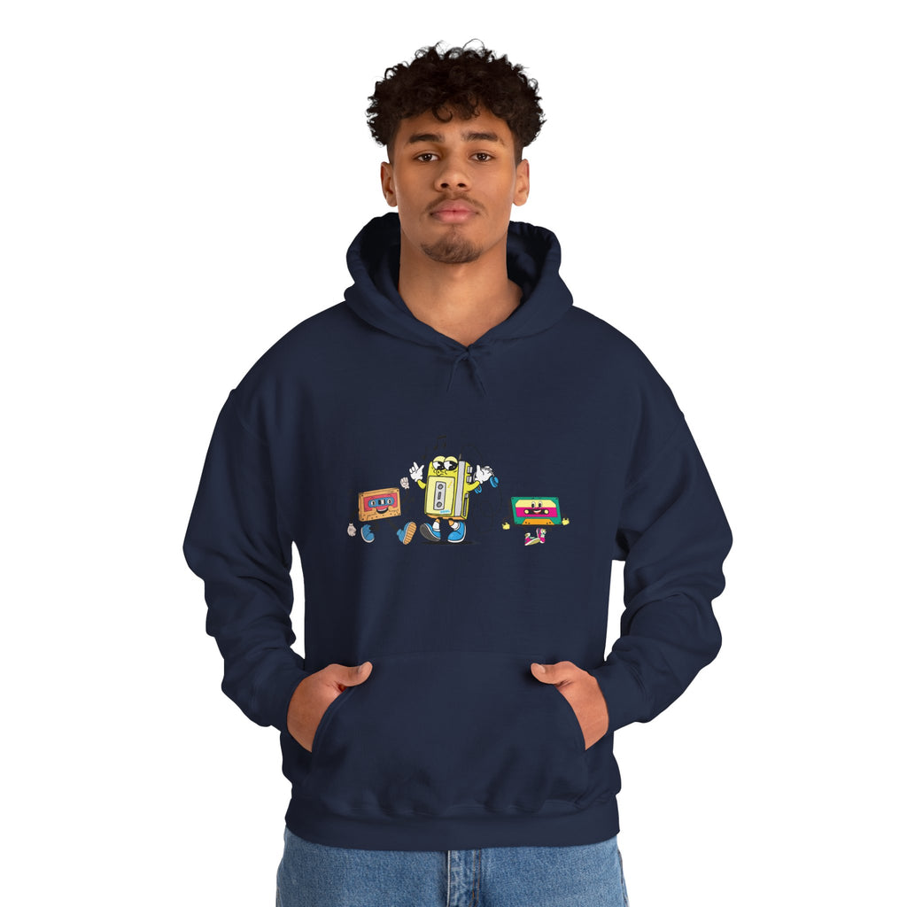 Person wearing a navy blue hoodie with a colorful graphic design on a white background