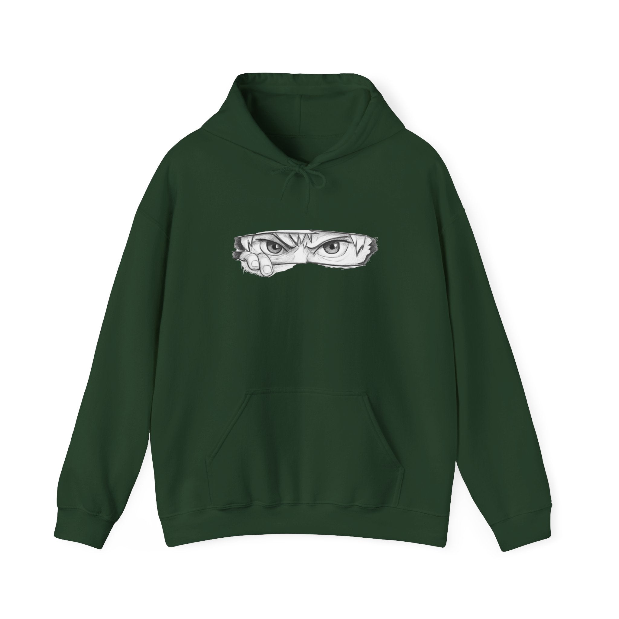 Green hoodie with a graphic of a anime eye on a white background