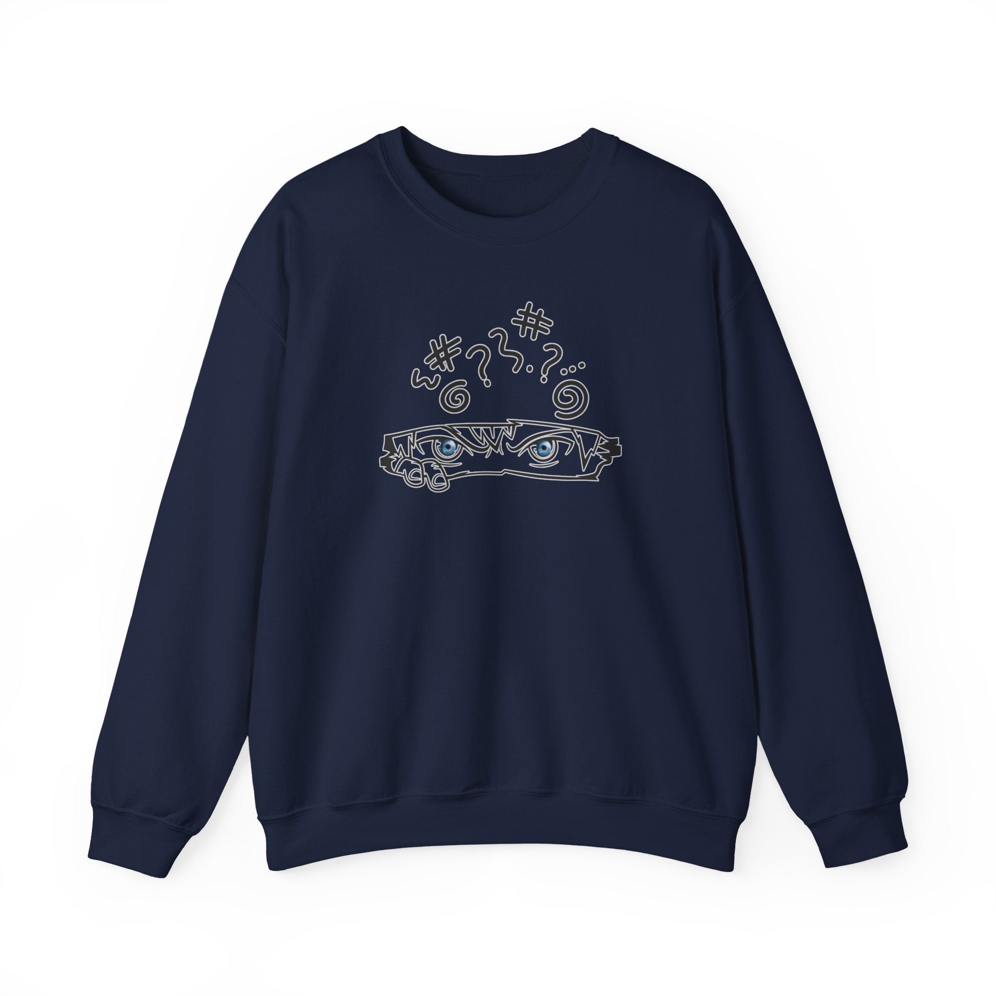 Navy blue sweatshirt with black anime graphic design on a white background